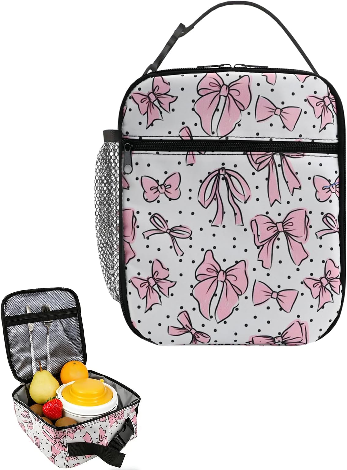 Portable Insulated Lunch Bag, Cute Pink Bow Girls Lunch Bag with Side Mesh Pocket, Leakproof Thermal Cooler Bags Packed Lunchbox with Zipper for Work School Picnic Beach Travel (A)