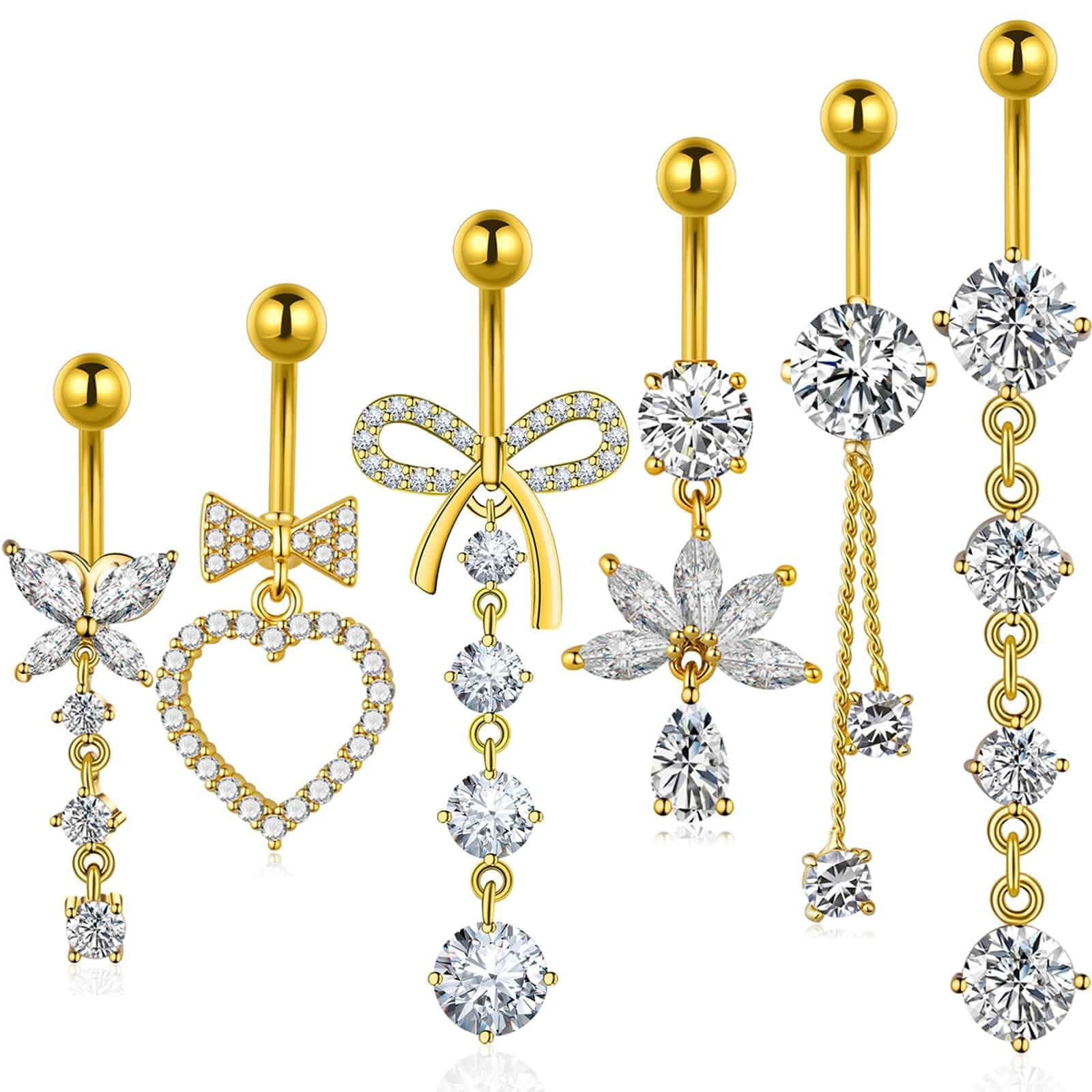 Dangle Belly Button Ring Surgical Stainless Steel Dangly Belly Rings for Women Dangling Heart Bow Butterfly Navel Belly Piercing Jewelry 14G