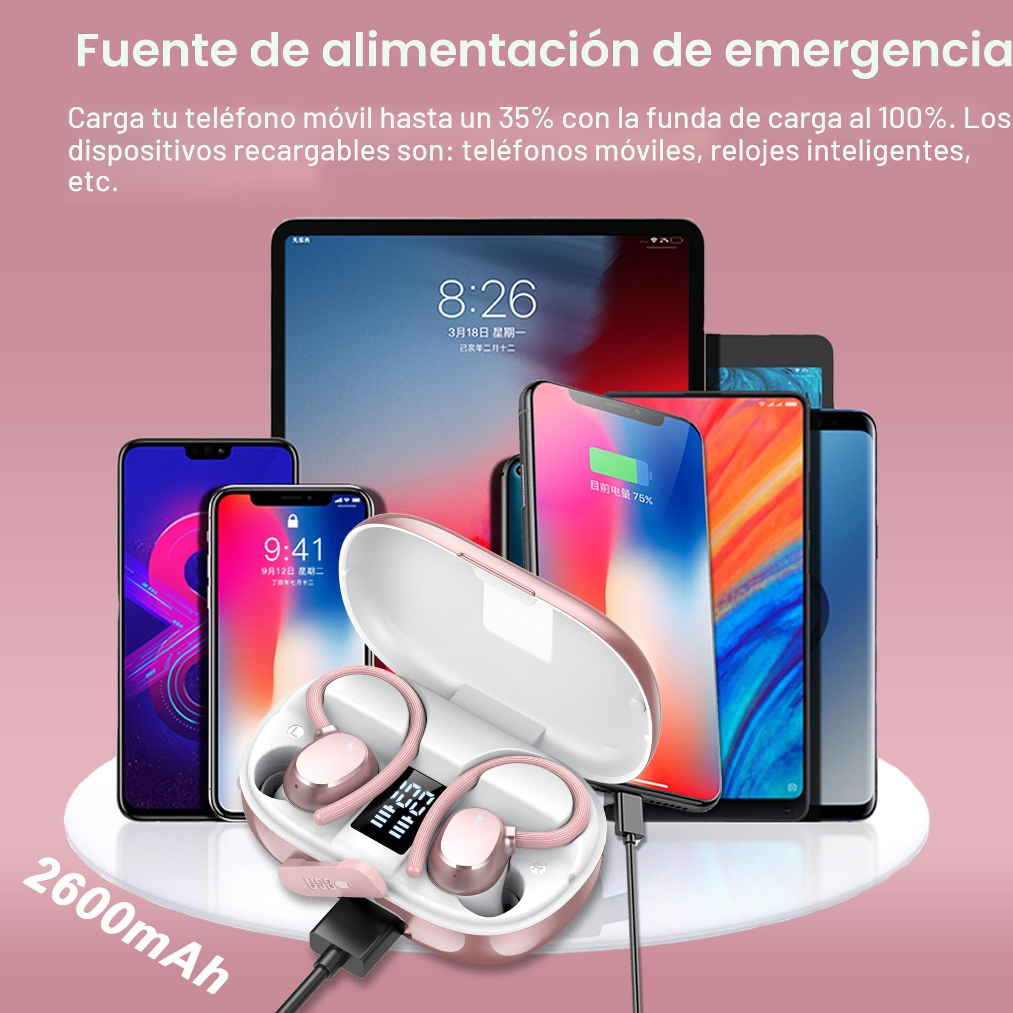 Auriculares Oreja Abierta Bluetooth 5.3, Auriculares Inalámbricos Deportivos con Gancho, Reproducción de 128H Pantalla LED, Auriculares con micrófono Incorporado, Control Táctil, IP7 Impermeable