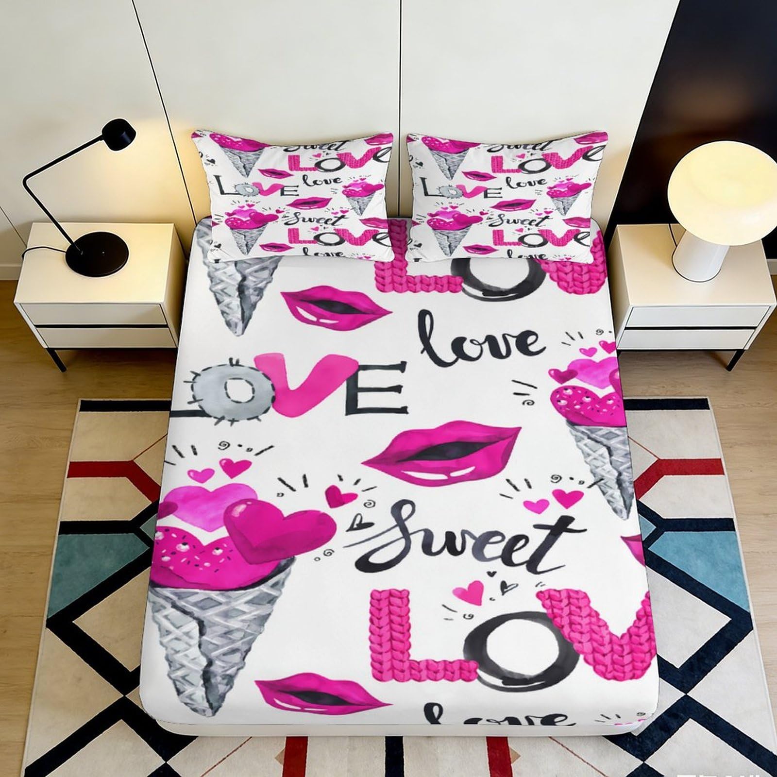 3D Printed Love Graffiti Fitted Sheet Microfiber Deep Pocket Non-Slip Sweet Heart Mattress Fitted Cover for Bedroom Teens Adults 200x200x25cm 90x200x25cm