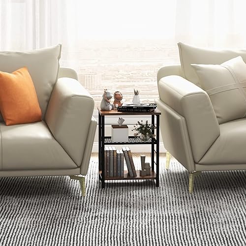 Miniatura 9 de GOFLAME Mesa auxiliar industrial de 3 niveles, mesita de noche con estante de metal de malla extraíble, almohadillas de nivelación ajustables, mesa