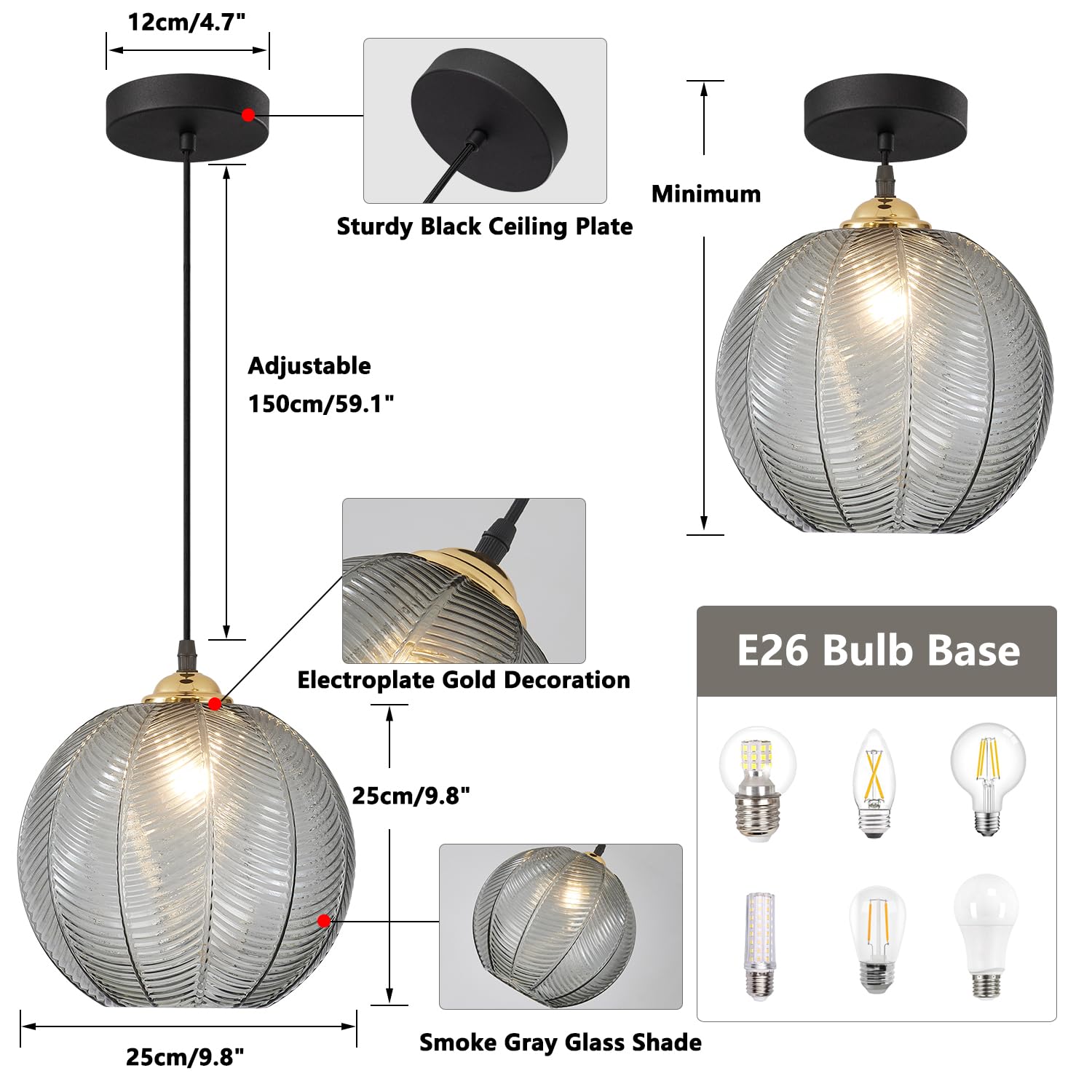 Nowoczesne lampy sufitowe Vintage Lampa wisząca ze szkła dymnego Czarna oprawa wpuszczana w połowie wieku Półwpuszczana Minimalistyczna oprawa oświetleniowa 1- Duży okrągły globus Lampa wisząca
