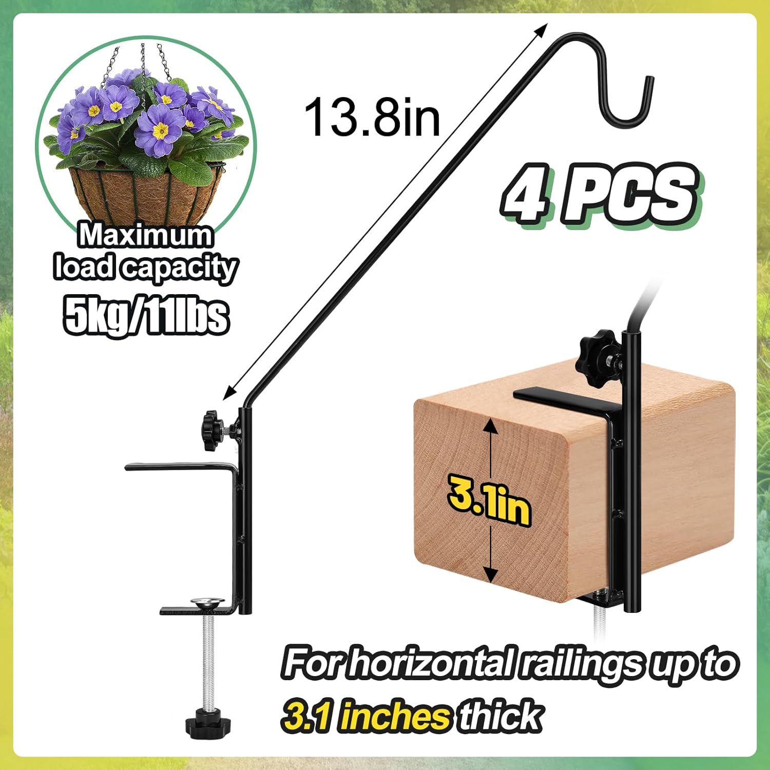 Biubee 4Pack Deck Bird Feeder Hanger for Railing- Heavy Duty Steel Stable Deck Railing Plant Hanger Outdoor, with Adjustable 3.1" Clamp, Deck Hook for Bird Feeder Plant Hangers Lanterns, 13.8 Inches