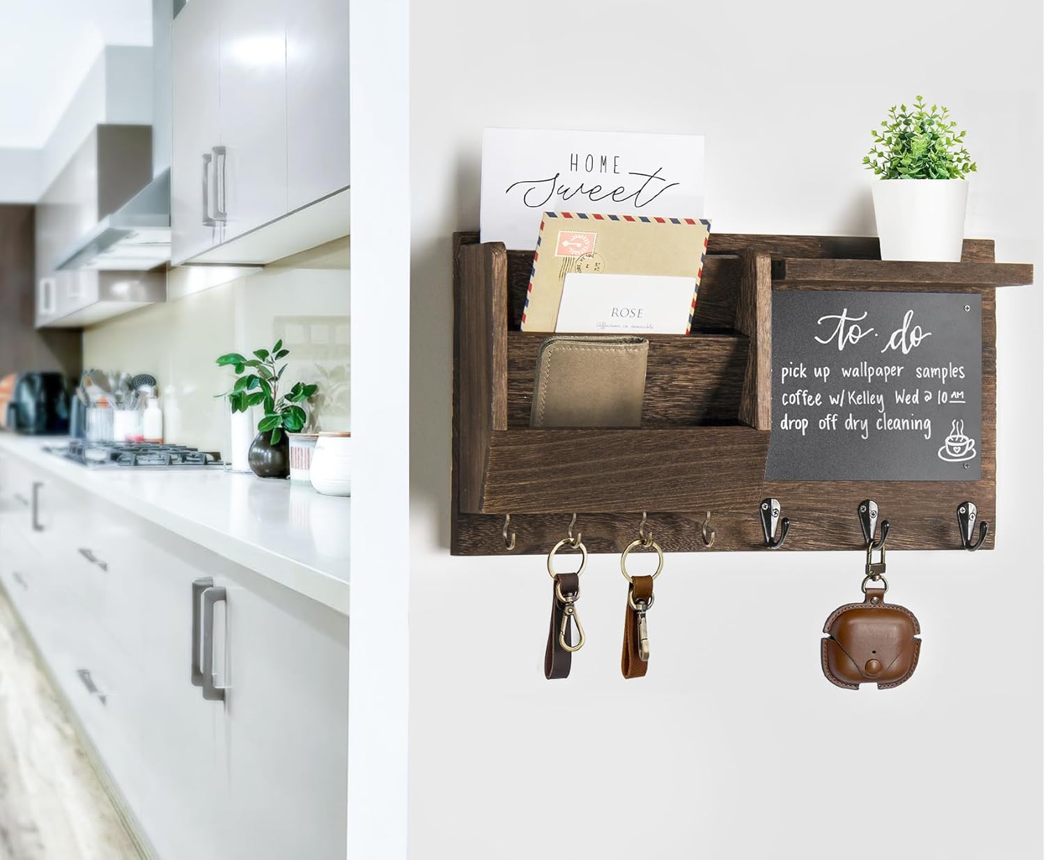 Ziivita Key Holder for Wall - Mail Holder Organizer Wall Mount with Shelf - Rustic Hanging Key Rack Hanger with Hooks Decorative for Home Letter Dog Leash Entryway Farmhouse Living Room Decor