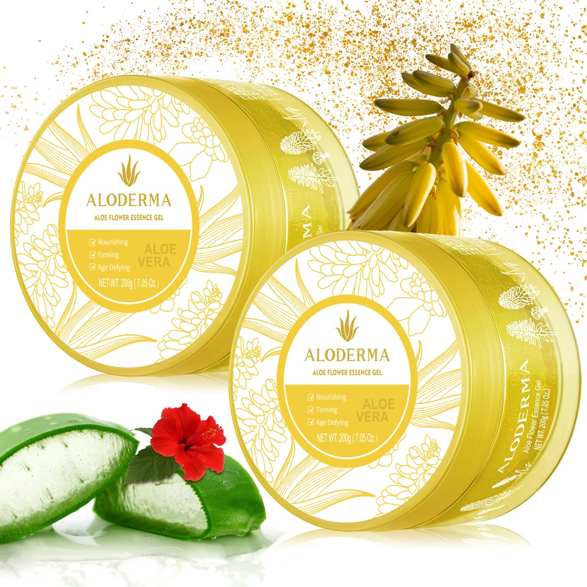Aloderma Age-Defying Aloe Flower Essence Gel with 24K Gold Leaf, Made within 12 Hours of Harvest - Luxurious Aloe Gel with Allantoin & Hyaluronic Acid