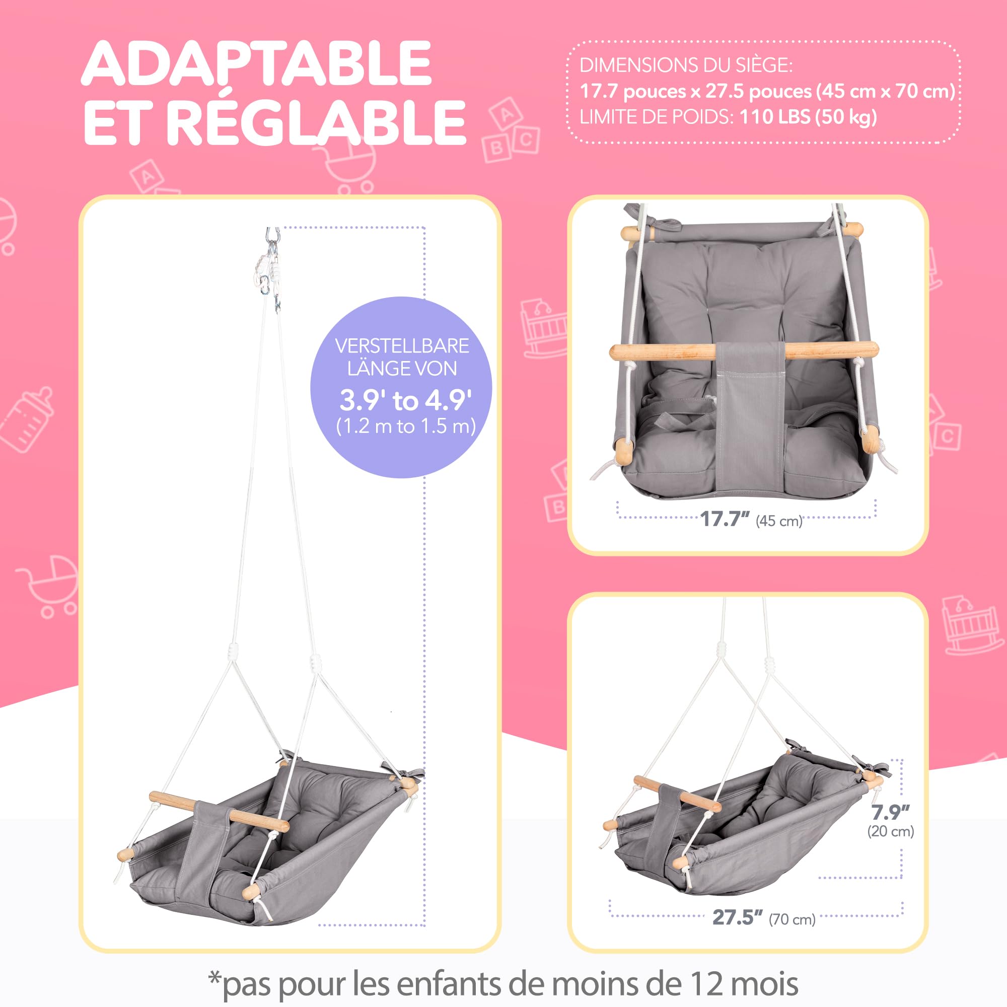 Balançoire pour bébé en Toile par Cateam - Gris - Siège de balançoire Suspendu en Bois pour bébé avec Ceinture de sécurité et matériel de Montage. Cadeau d'anniversaire de Chaise bébé hamac.