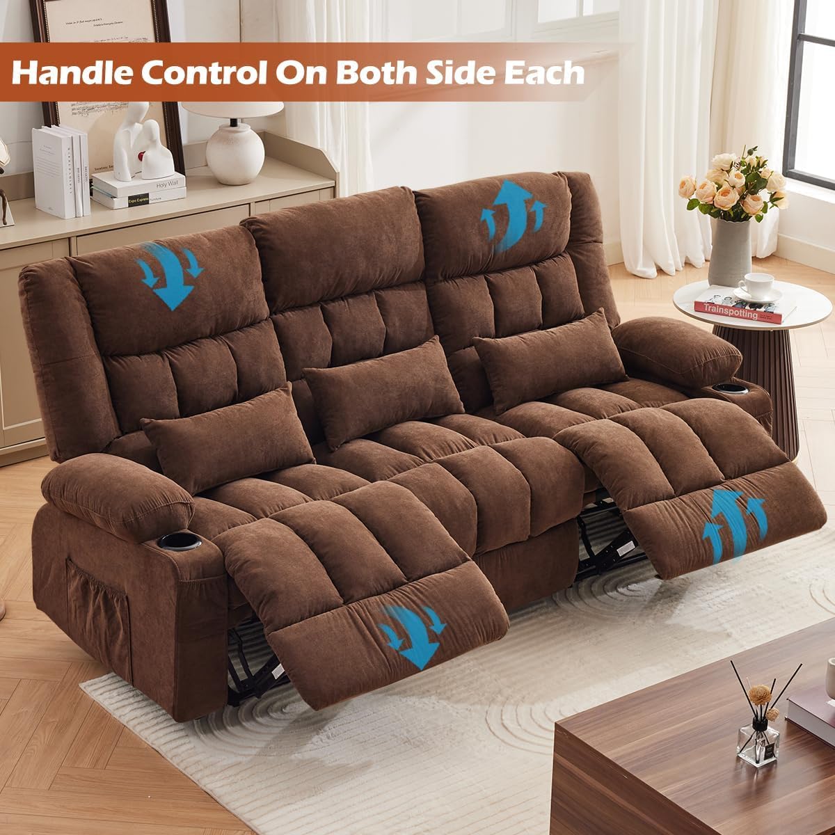 MAHOMICO Recliner Sofa with Cup Holders for Living Room 3 Seat Manual Oversized Recliner Chiar with Ergonomic, Side Pocket for Adult view 7