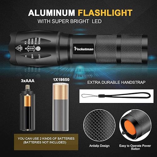 Miniatura 3 de MODOAO Linterna táctica LED impermeable T6 de 1500 lúmenes, con 5 modos de luz para senderismo, camping, emergencia (paquete de 5 unidades)