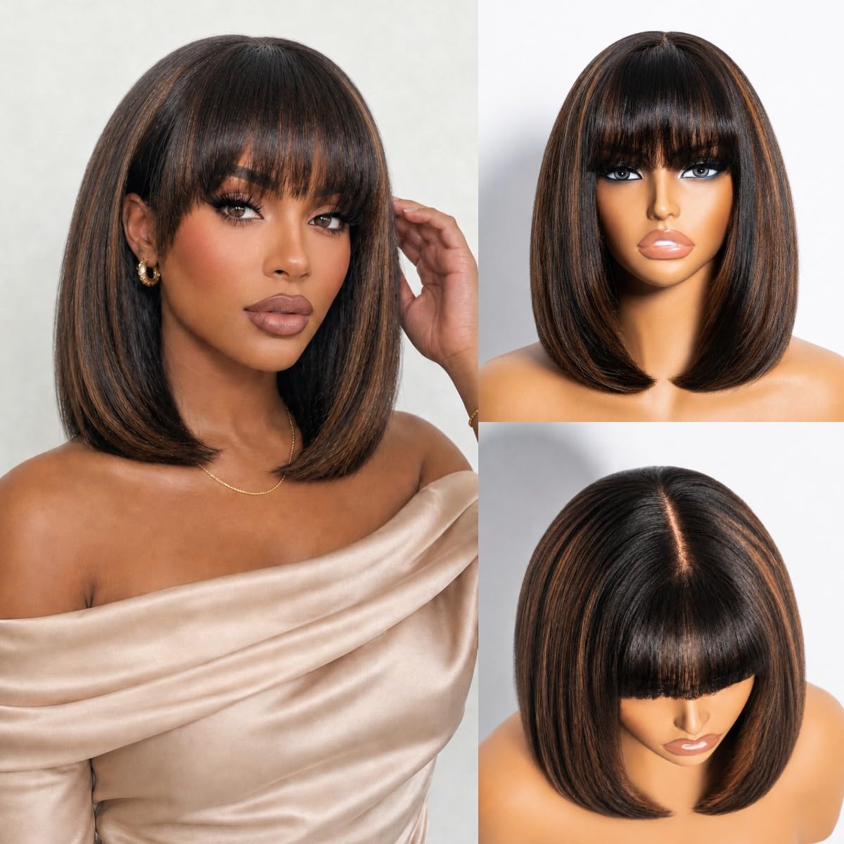 Arabella Bob Wig Human Hair 6X6 Bob Wig with Bangs 12inch highlight Bob Wig