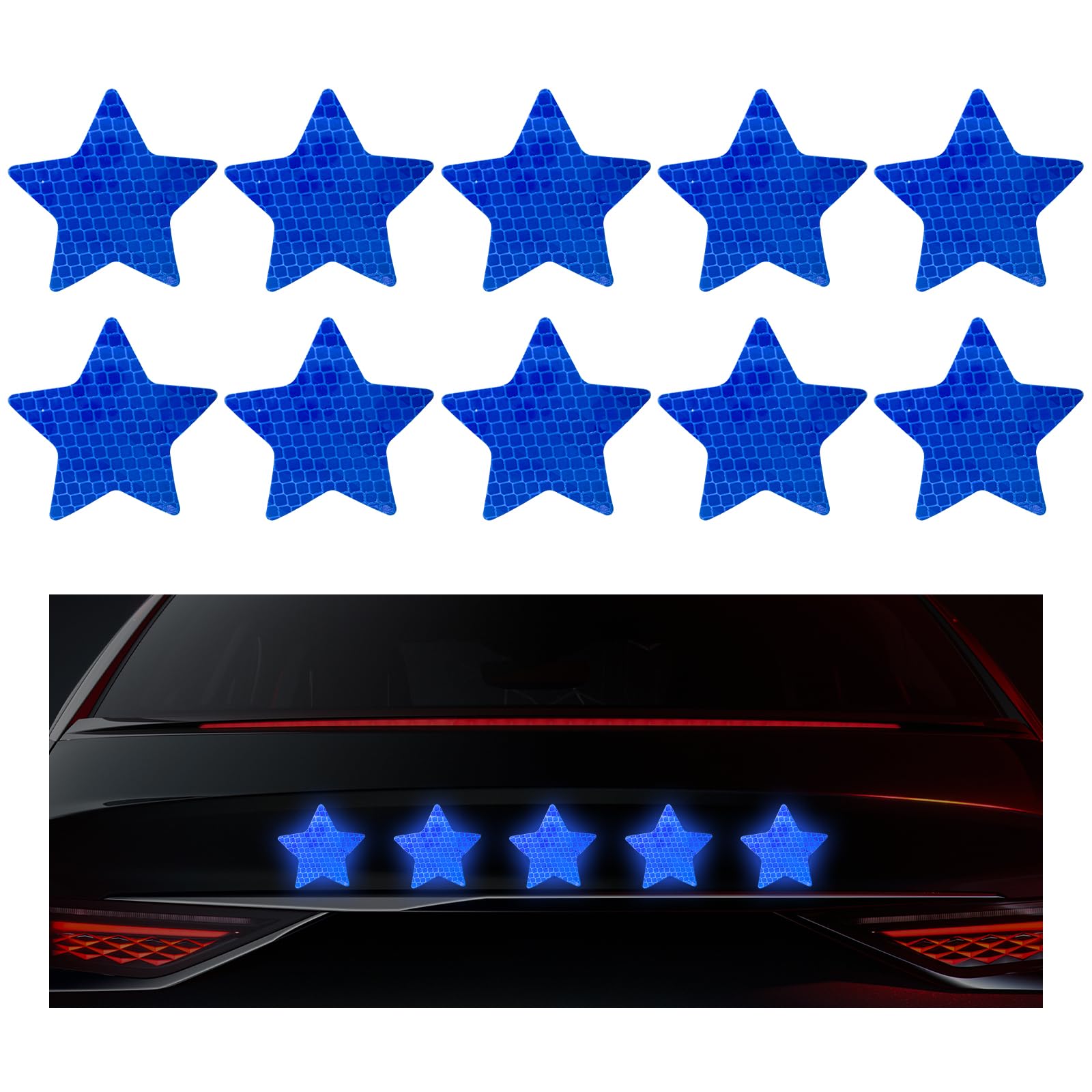 10PCS Vinyl Decal for Cars, High Intensity Reflective Sticker Night Safety Sign Bumper Decals, Waterproof Grid Vinyl Stickers Scratch Cover for Auto Window Laptop (Star, Blue)