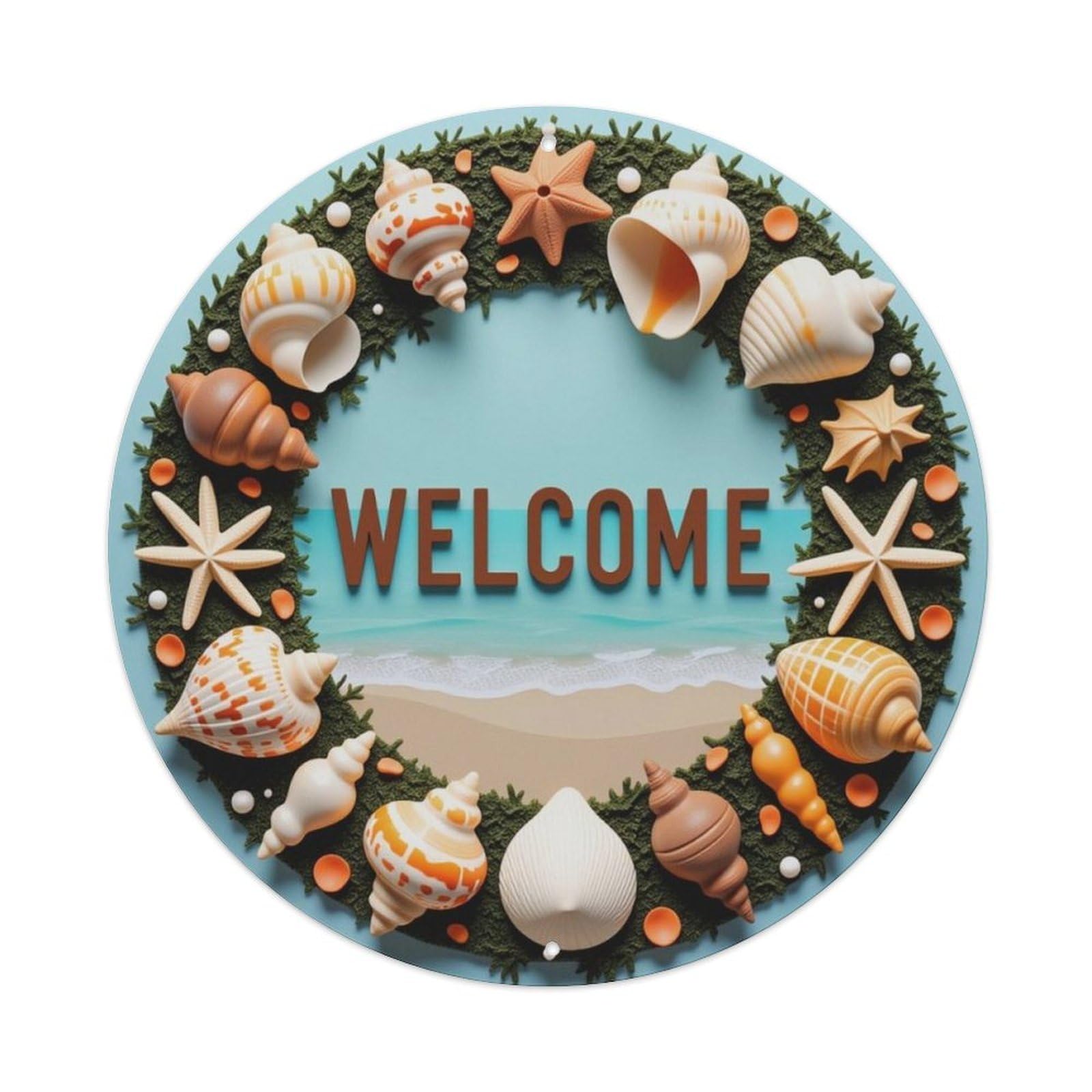 Seashell Starfish Beach Wreath Welcome Round Sign Vintage Aluminium Metal Sign, Retro Wall Decor for Home, Bar, Garage & Farmhouse 20x20cm