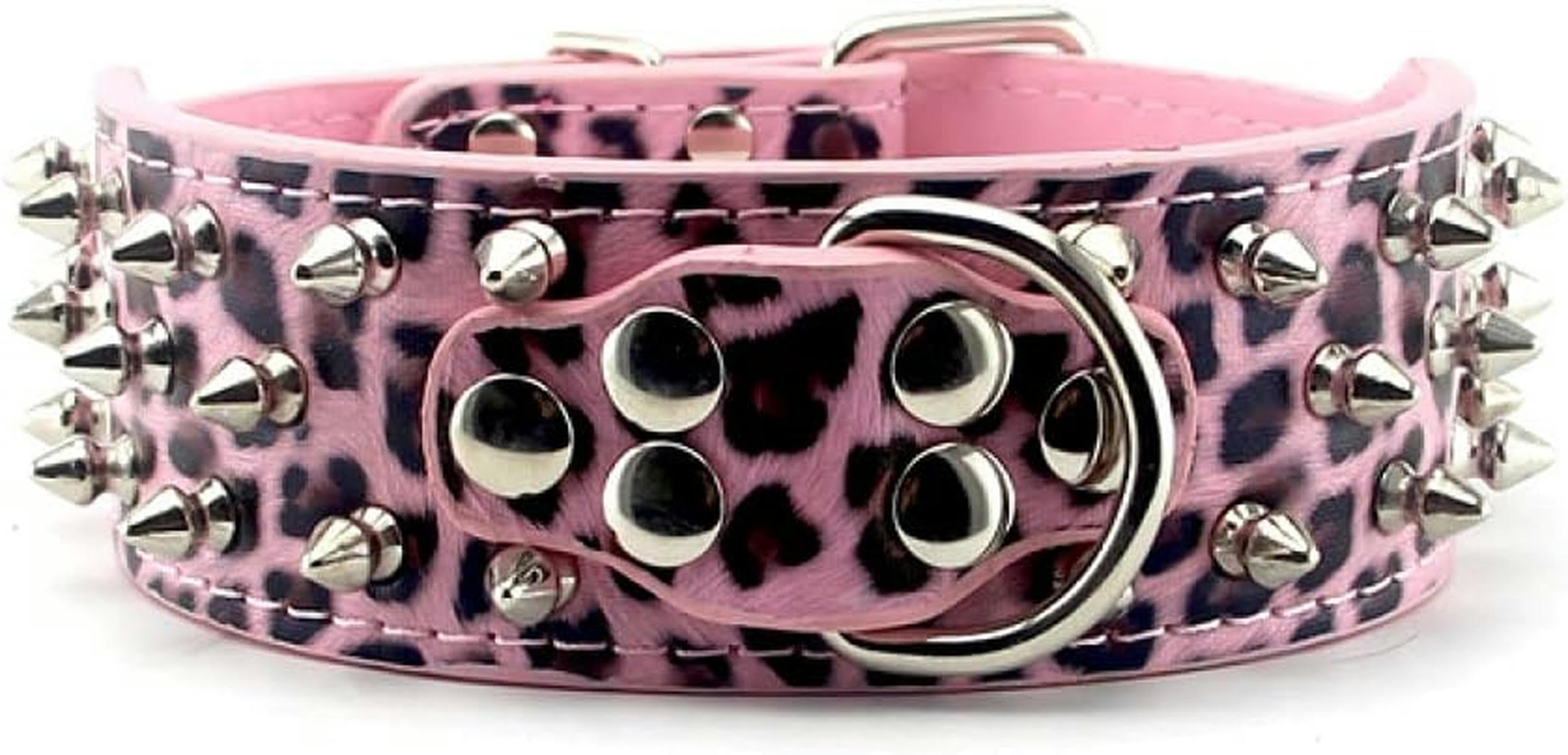 Collier pour grand chien cuir clous pointus léopard rose taille L