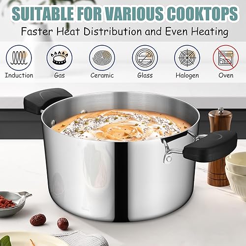 Miniatura 5 de TeamFar Olla de acero inoxidable, olla de cocción de pasta de tres capas de 6 cuartos con tapa y asas resistentes al calor, para cocina eléctrica de