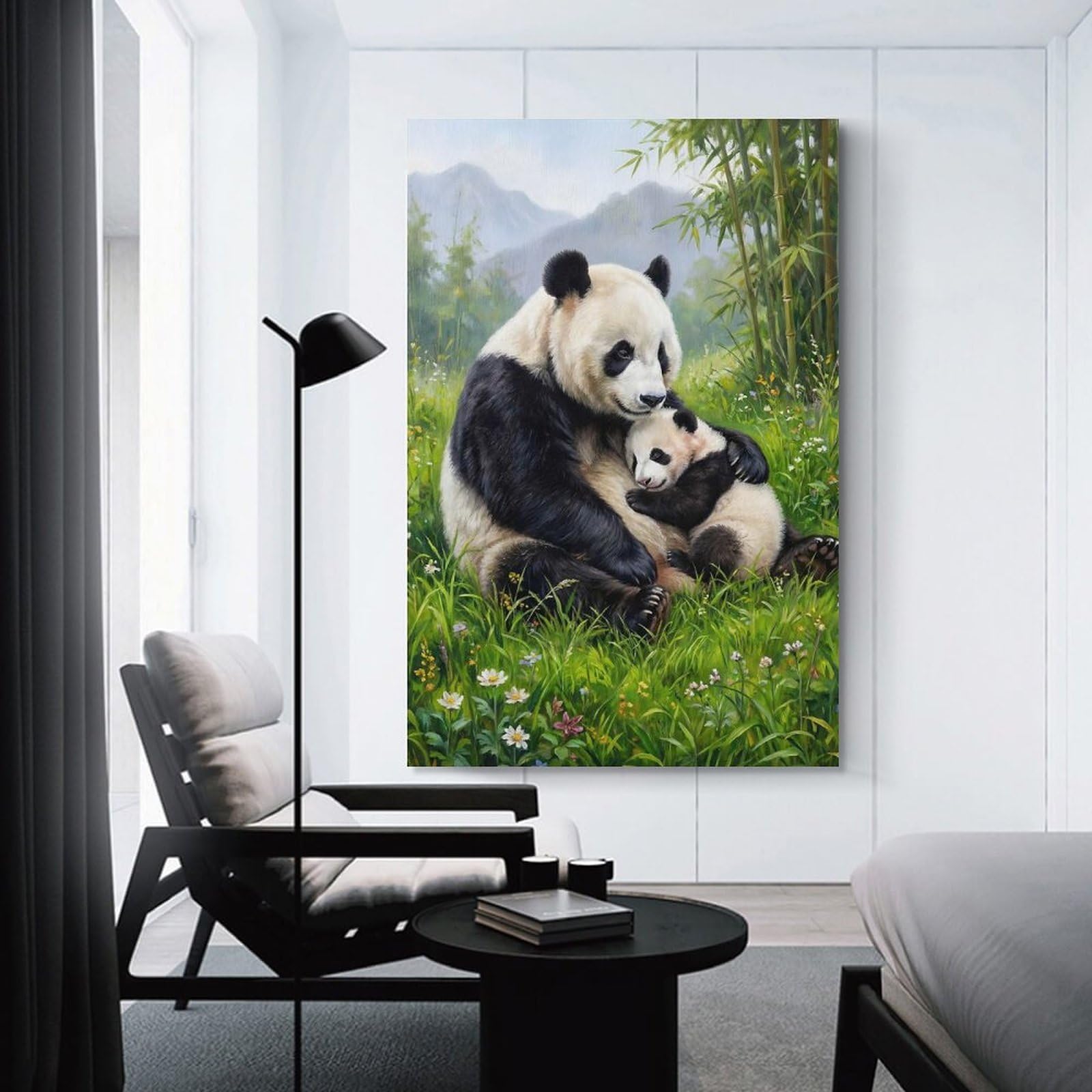 Junmoney Panda Mother And Cub Painting Wall Decor Canvas Print, 24x36inch(60x90cm), for Small Homes, Bedrooms Or Open Spaces, Wall Decor with Flexible Room Appeal