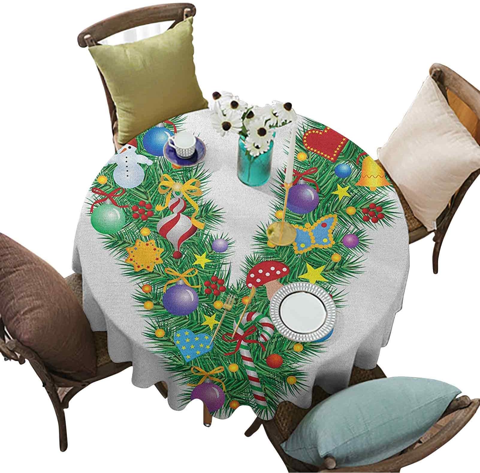 Letter V Round Table Cloth, Ornament Christmas Tree Design Capitalized V Festive Elements Bells Candies Print, 60 Inch Round Table Cover for Kitchen and Dining Room, Multicolor