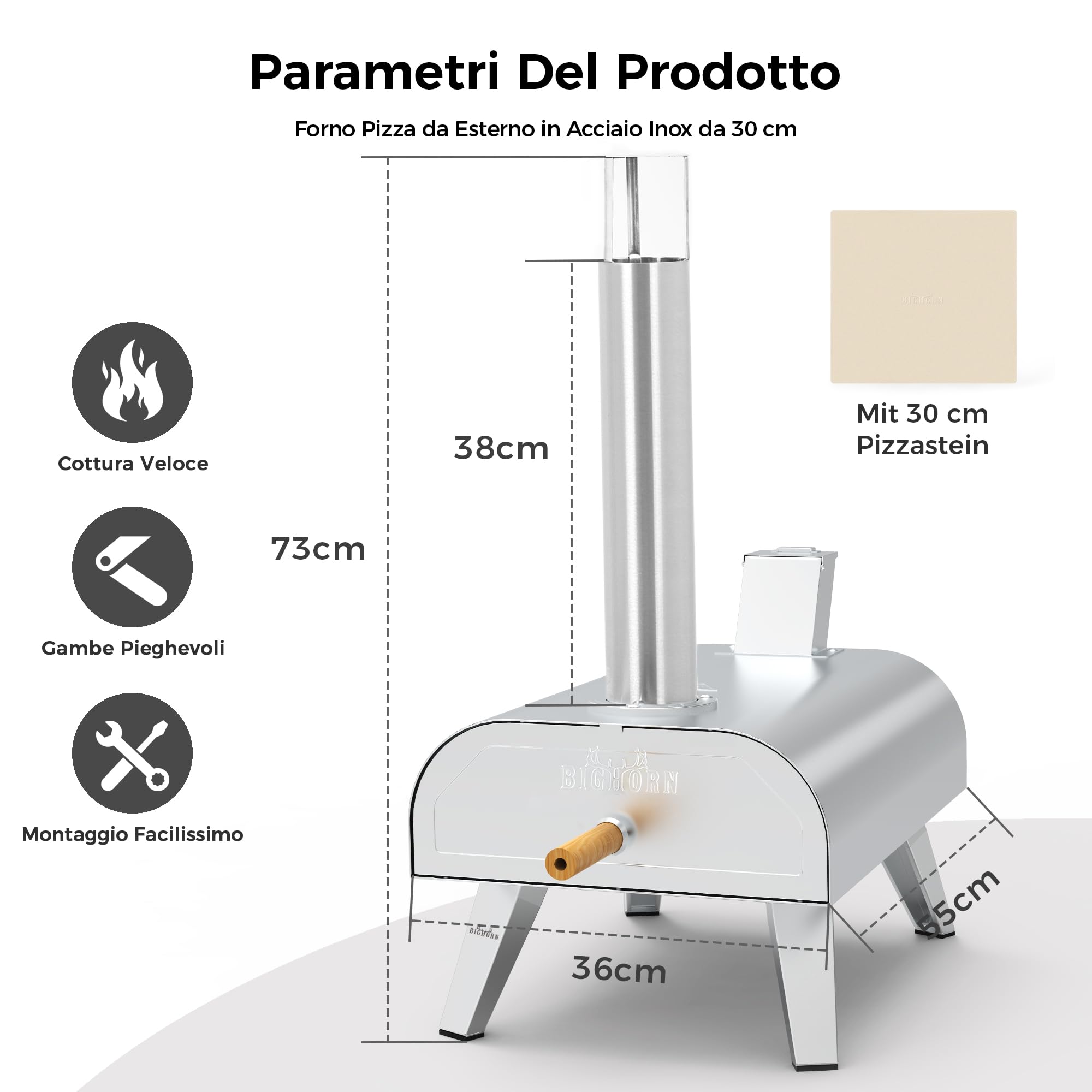 BIG HORN OUTDOORS Forno a Pellet per Pizza 12 Pollici, Portatile con Pietra Refrattaria, Acciaio Inox