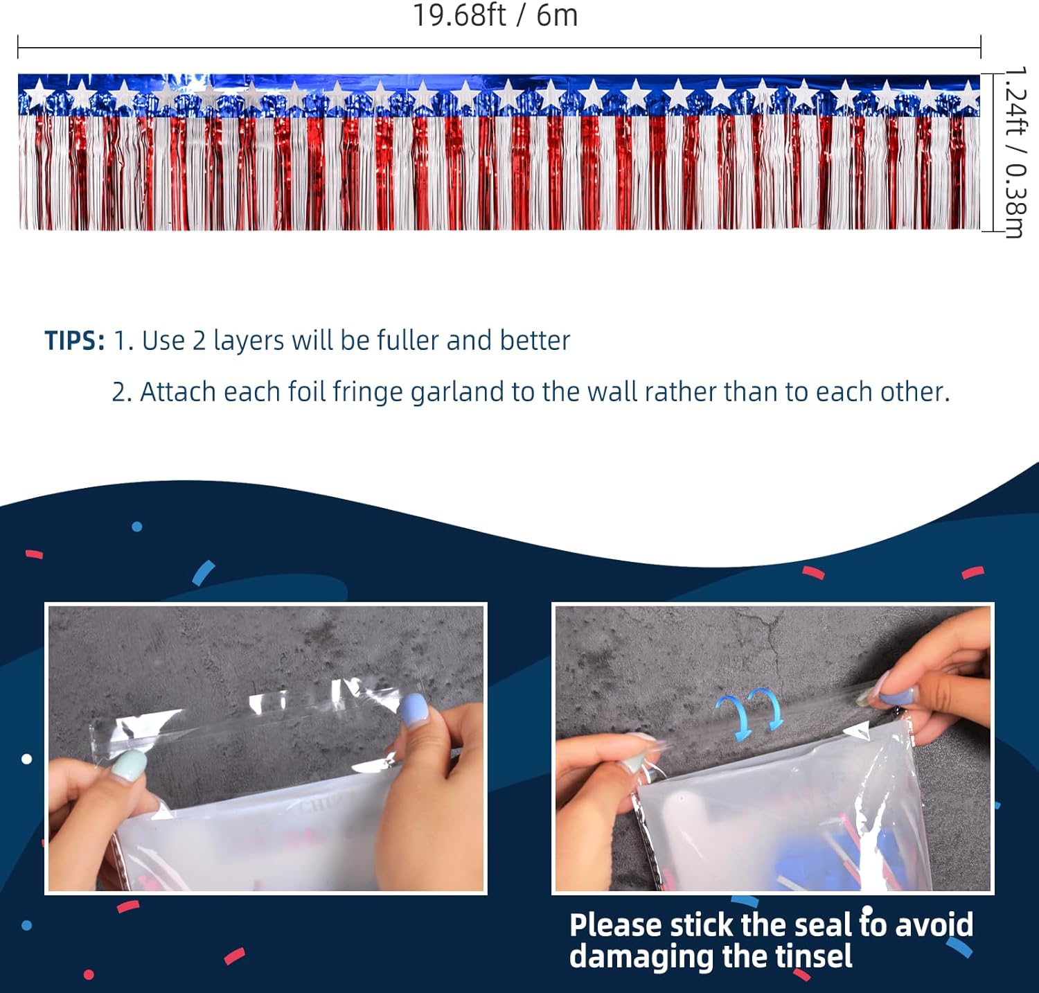 Mega-L 4th of July Decorations 2Packs 39 Feet Foil Fringe Garland Tinsel Streamers, Red White and Blue Star Metallic Hanging Backdrop Banner Table Skirts for Parade Floats Memorial Day Patriotic Party - Image 2