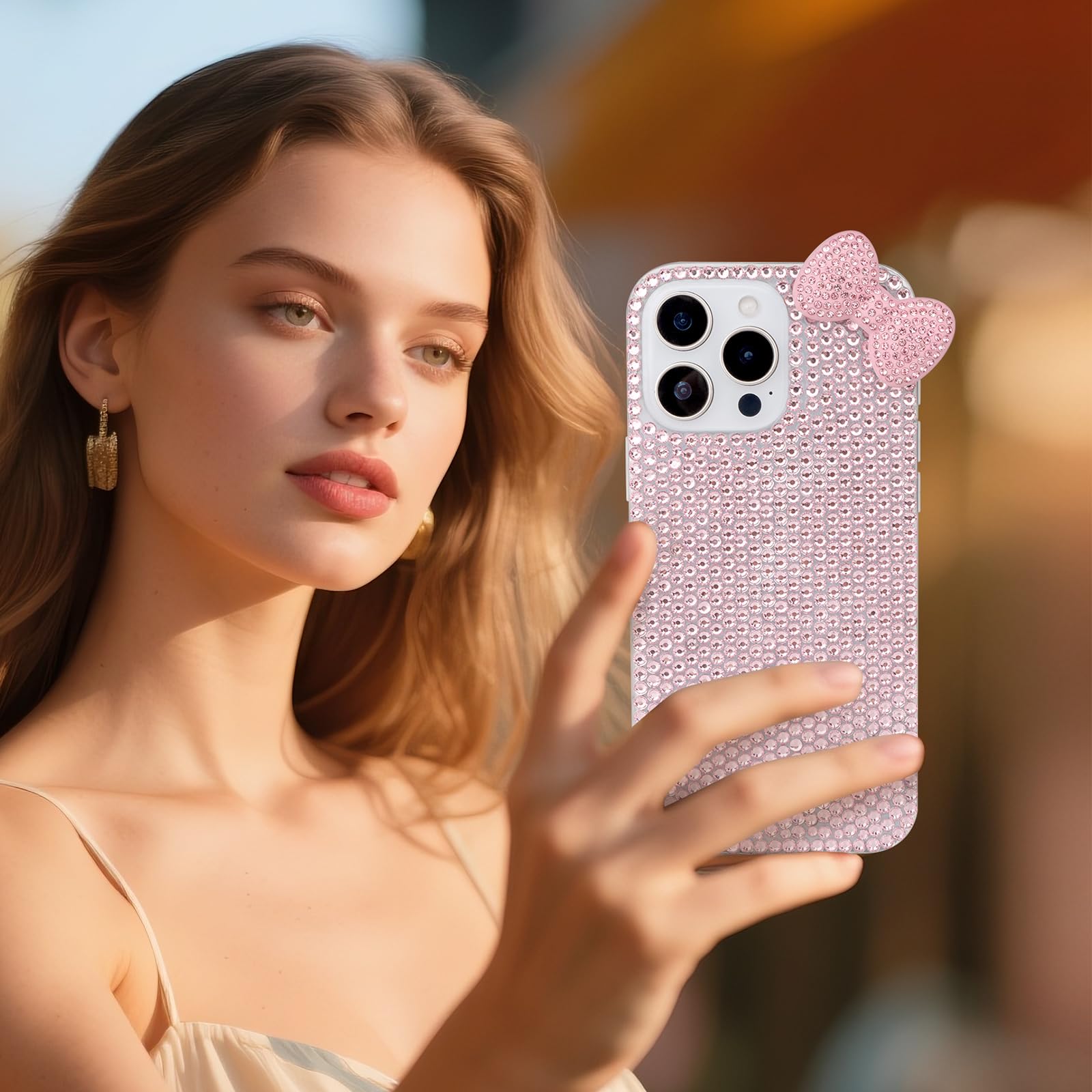 Niedliche Schutzhülle für iPhone 11, 15,4 cm (6,1 Zoll), mit HD-Displayschutzfolie, rosa Glitzer, Strass, Schleife, Handyhüllen, glitzernd, transparent, stoßfest, für Damen, Mädchen und Kinder