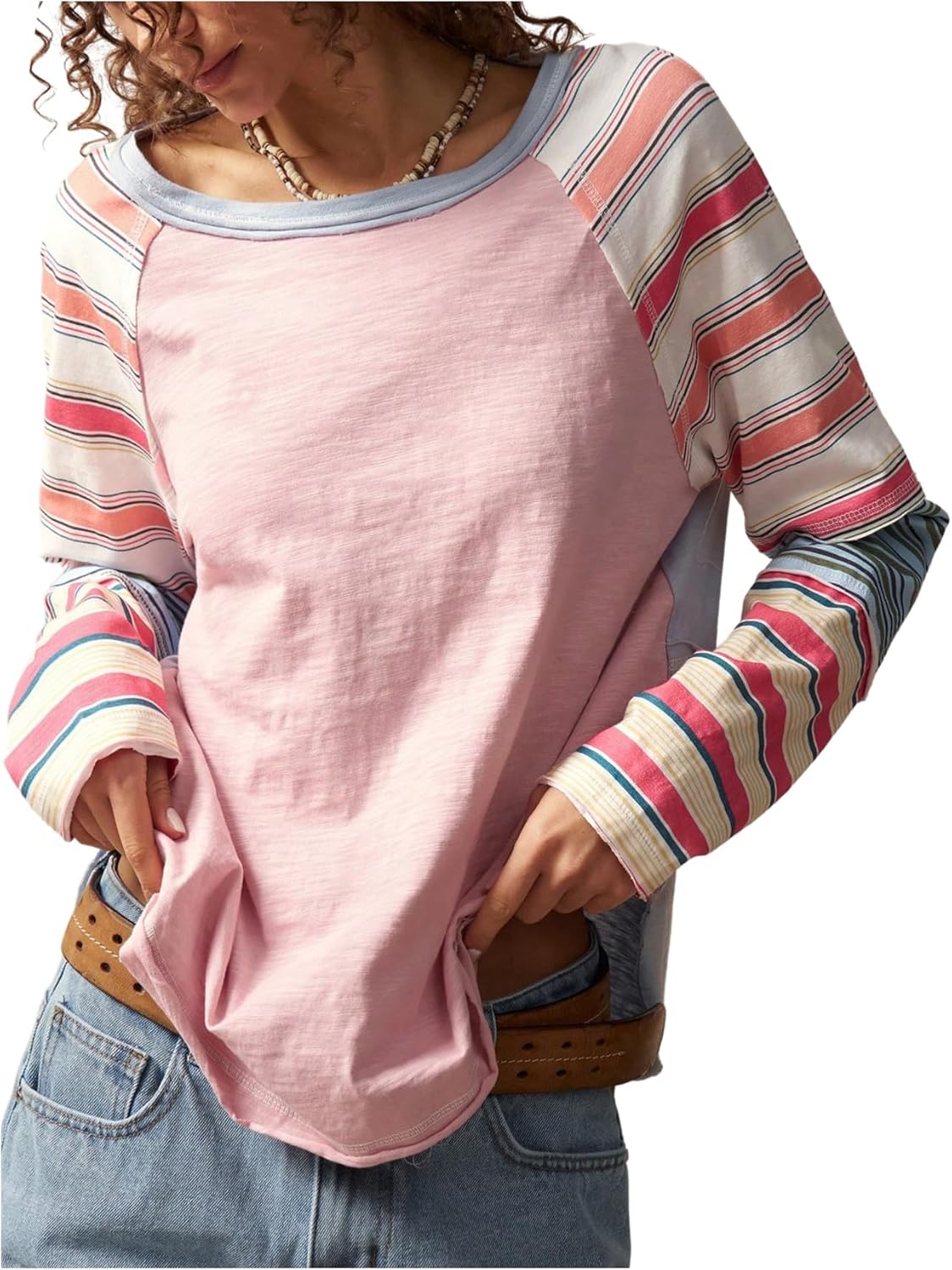 WDIRARA Women's Color Block Striped Long Sleeve T Shirts Crew Neck Tee Loose Patchwork Tops