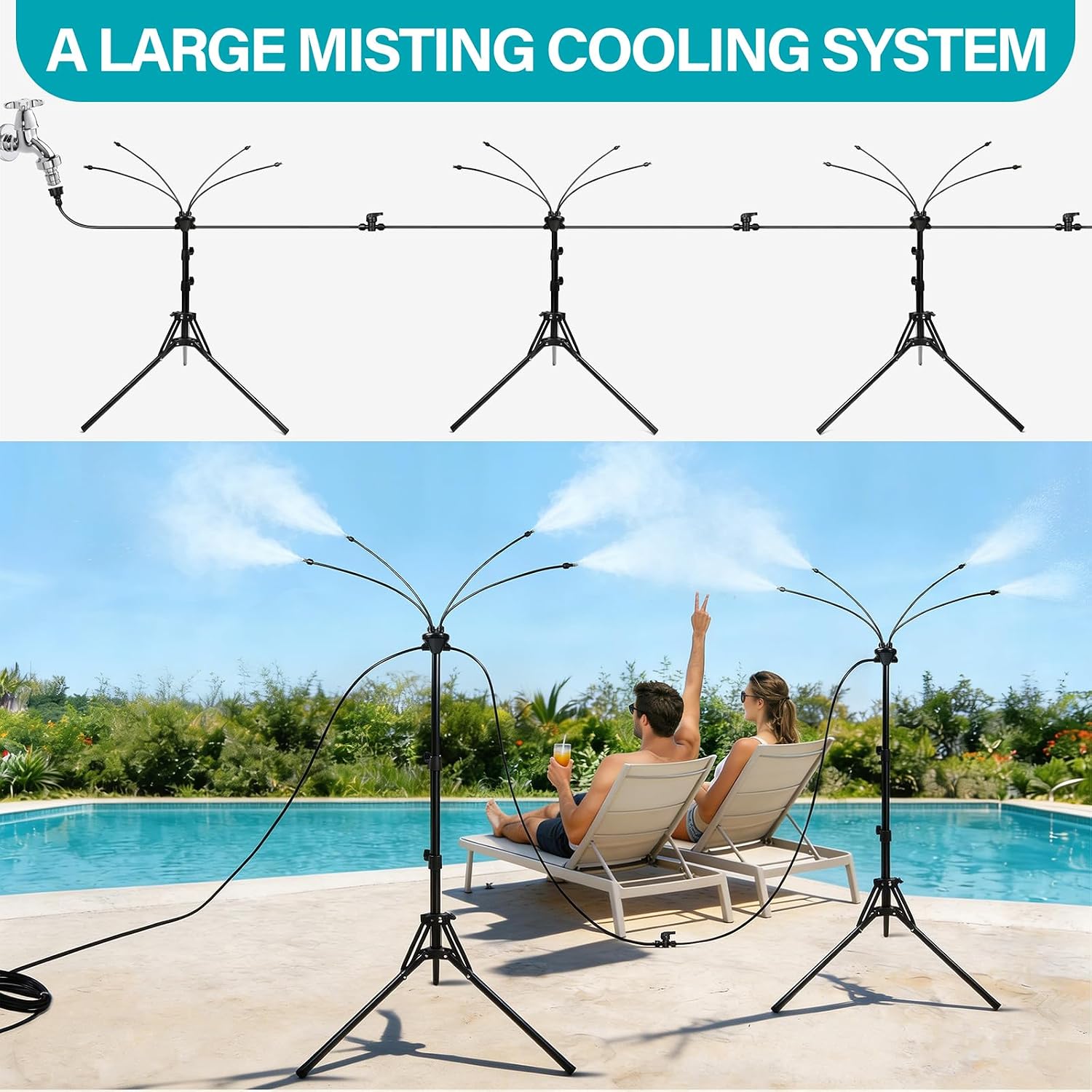 OnBrand Standing Misters for Outside Patio, 5.25FT Adjustable Stand Misting System with Brass Nozzles & 26.5FT Hose, Portable Water Mister for Pool, Patio Cooling, BBQ, Dog Wash, Kids Play & Backyard