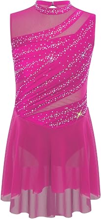 Girls Figure Skating Dress with Shiny Rhinestones Sleeveless Crew Neck Lyrical Ballet Tutu Dress