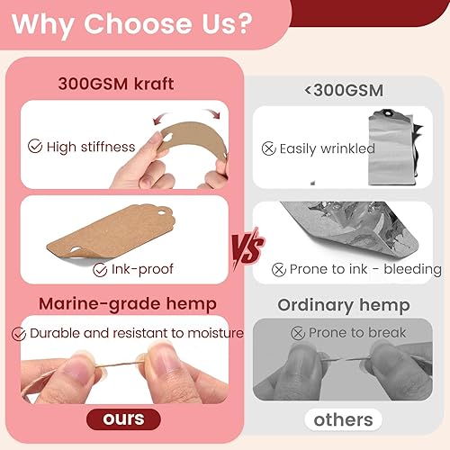 Miniatura 5 de SallyFashion Paquete de 200 etiquetas de regalo con cuerda adjunta, 3 diseños diferentes, etiquetas en blanco y marrón, etiquetas de regalo con