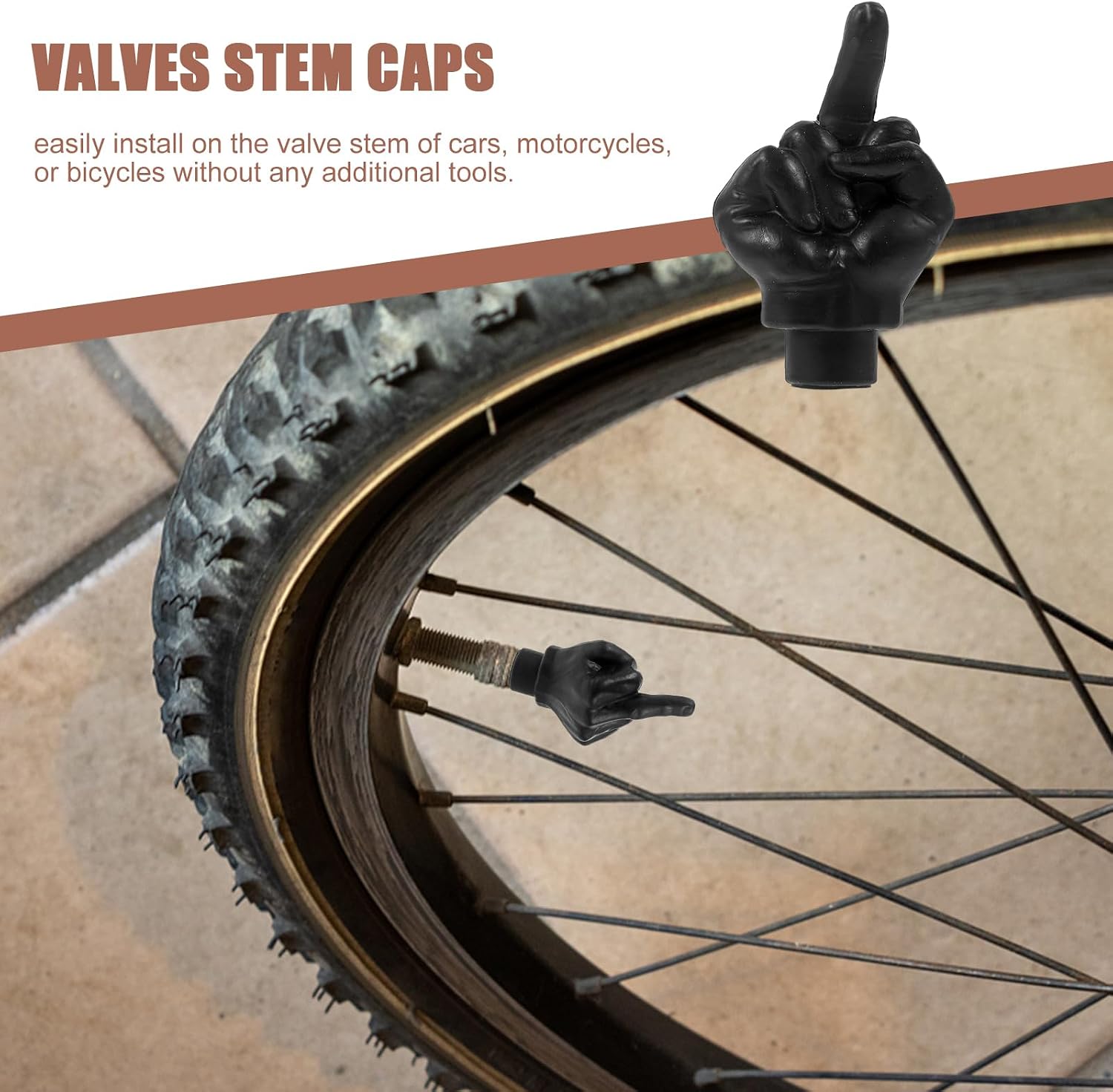 ERINGOGO 4 Pcs Tire Valve Caps Finger Valve Stem Caps Funny Car Tire Air Caps Tyre Stem Covers for Bicycles Road Bike Motorcycles Black