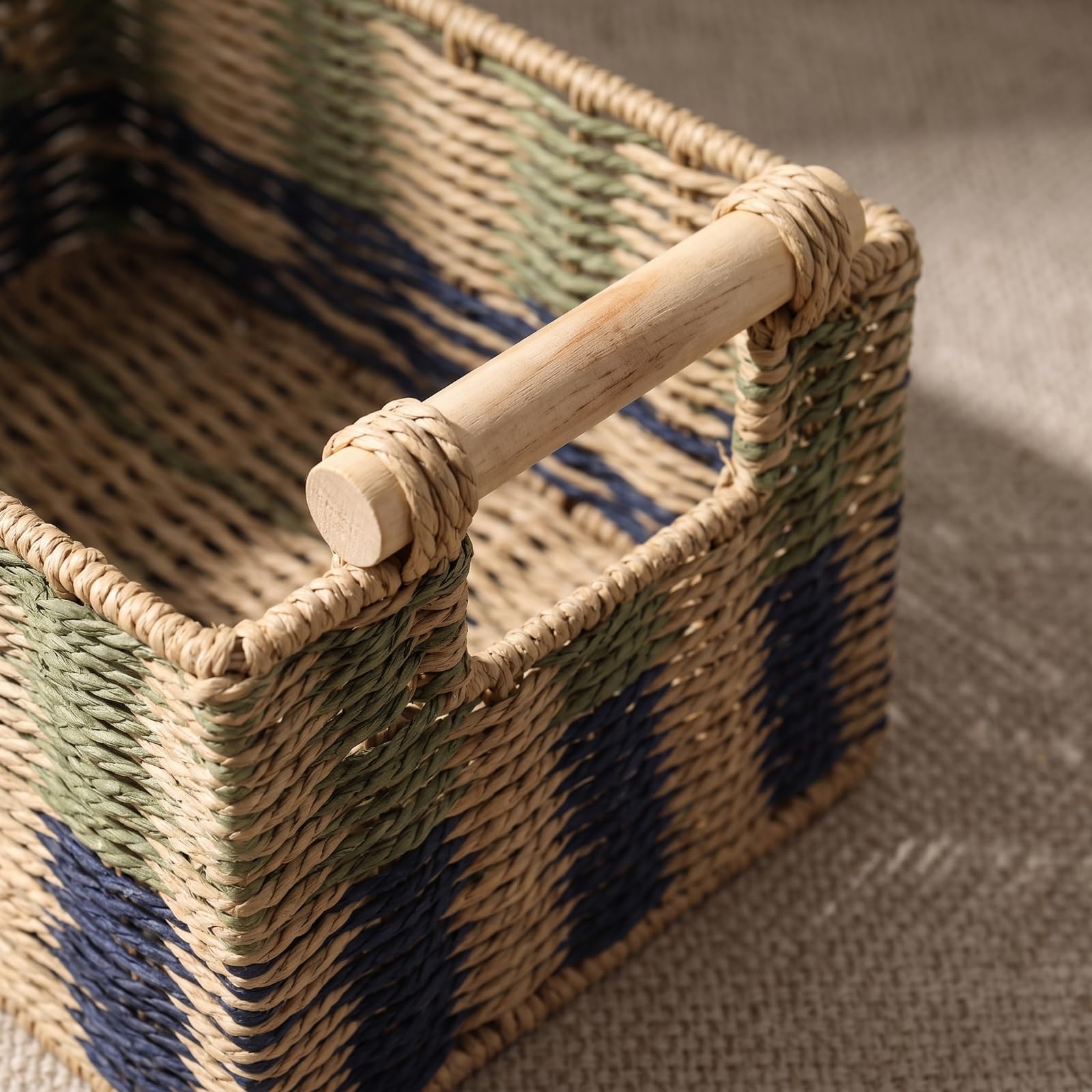 Cesta Cuerda Papel Rectangular Cesta con Rústico Connedor para Salón, Cocina, 40x30x20 Cm, Estilo Rural Con Diseño De Colores Contrastantes Y Asas De Madera, Tamaño Grande