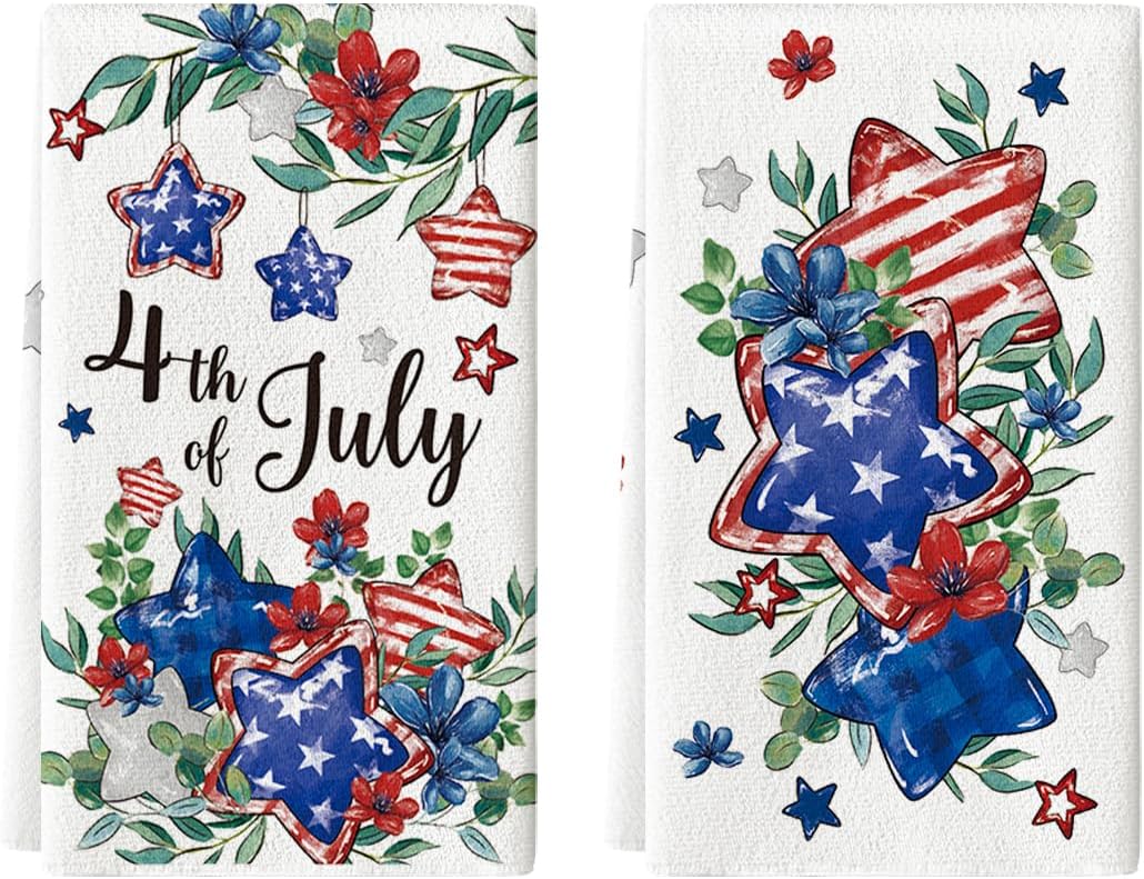 Artoid Mode Stripes Star Floral 4th of July Kitchen Towels Dish Towels, 18x26 Inch Independence Day Decoration Cleaning Set of 2