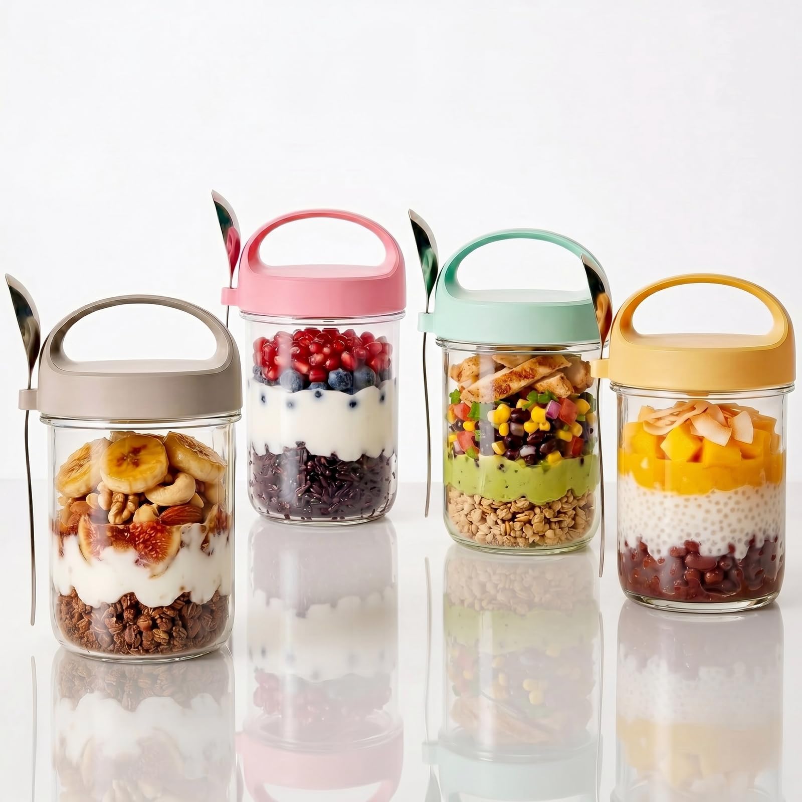 Pippuru 4 Pack Overnight Oats Jars, Overnight Oats Container with Lid and Spoon,14oz Large Capacity Leakproof Overnight Oats Container, Portable Yoghurt Potfor Salads Cereal Milk Porridge Fruit