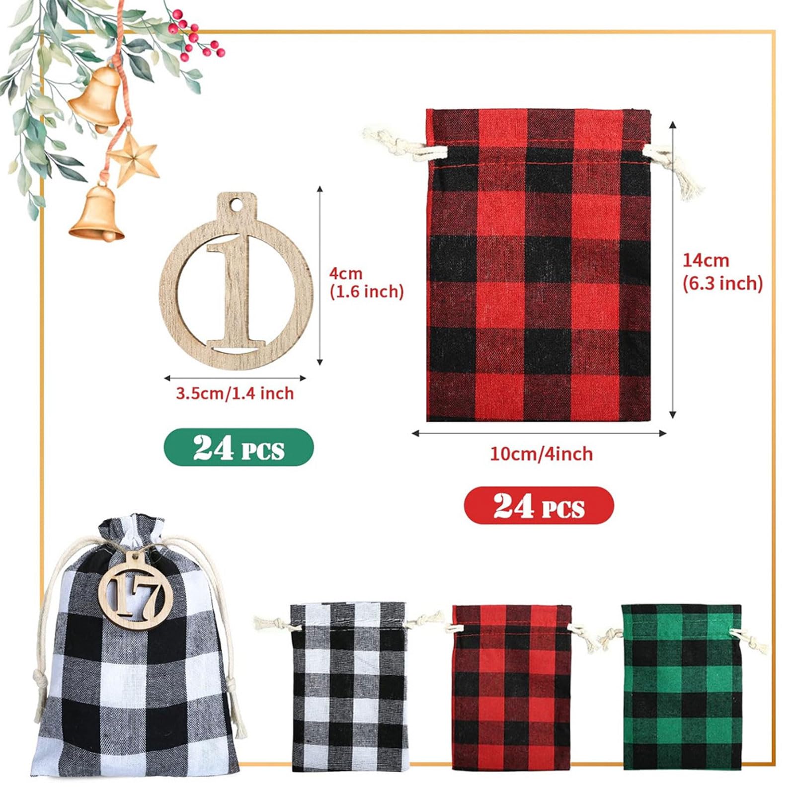 24 szt. Torby do pakowania cukierków, torby na ciasteczka ze sznurkiem, torebki słodycze upominki przyjęcie świąteczne, Christmas Party(Christmas Pattern Plaid (3 Pieces Each in 8 Styles)