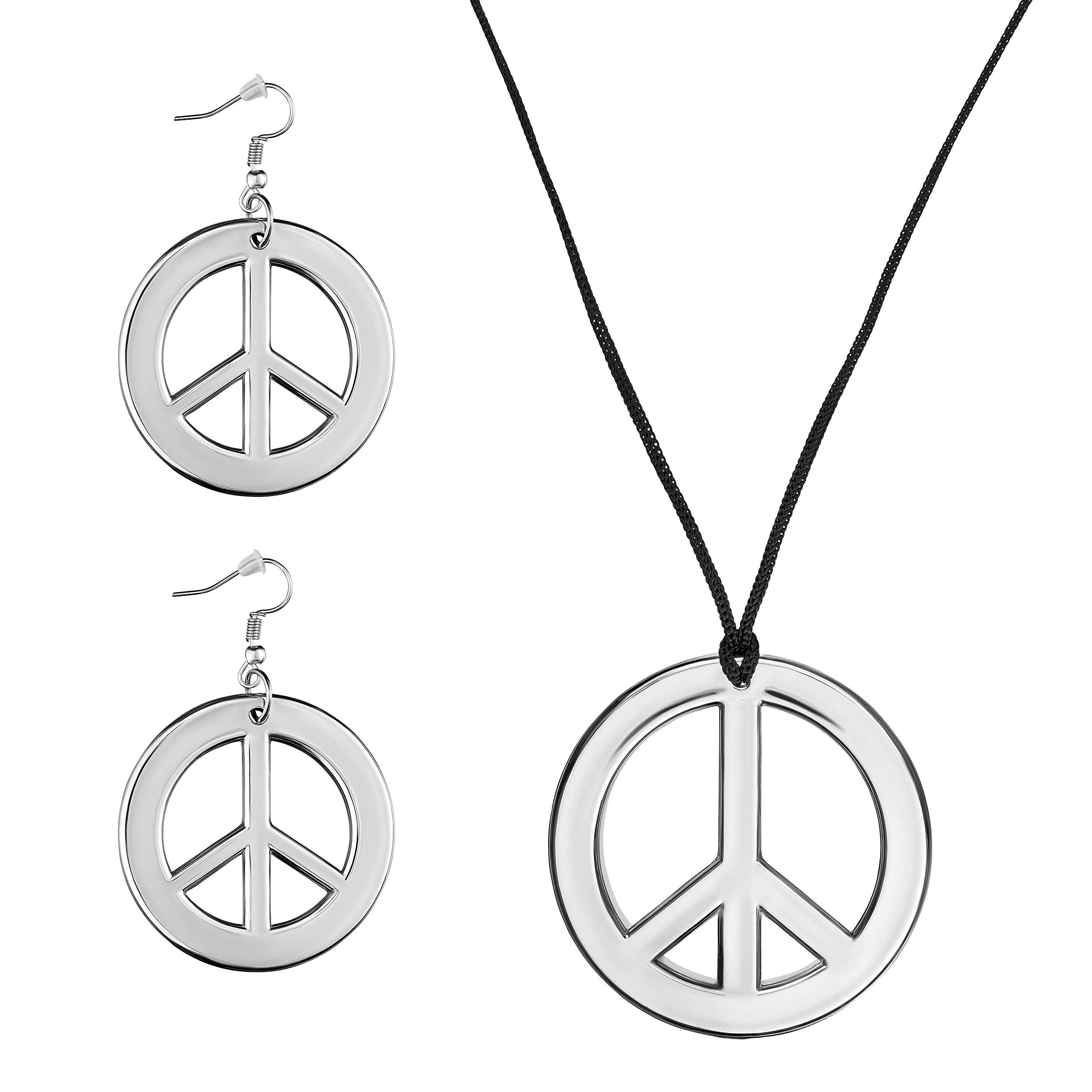 3-piece Hippie Set with Peace Earrings | Peace Necklace Silver for Ladies
