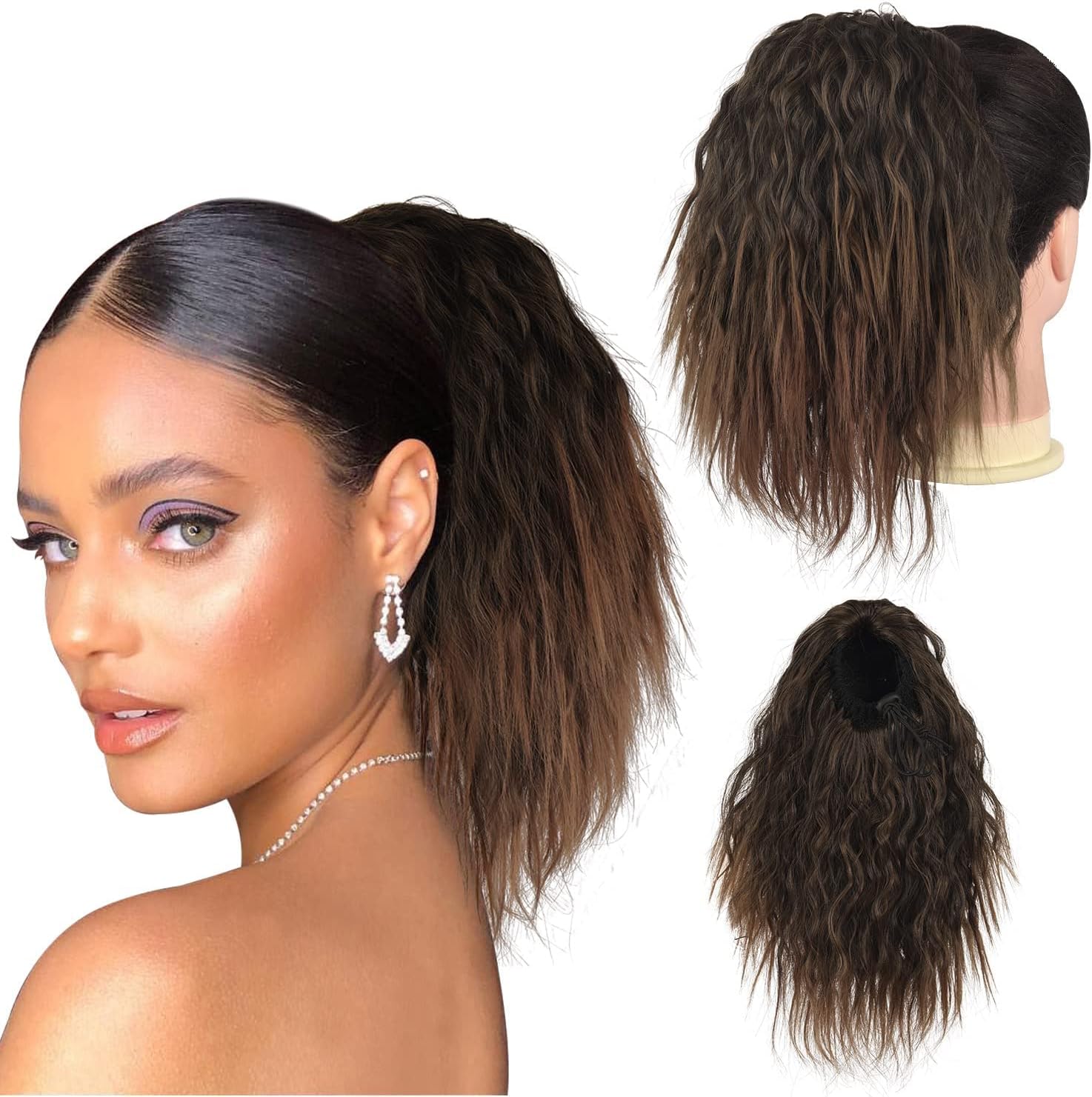 PEACOCO Short Corn Wave Ponytail, Drawstring Ponytail Extension for Black Women Clip in Ponytail Hair Extensions 10 Inch Ponytail Hairpieces（1Bt30）