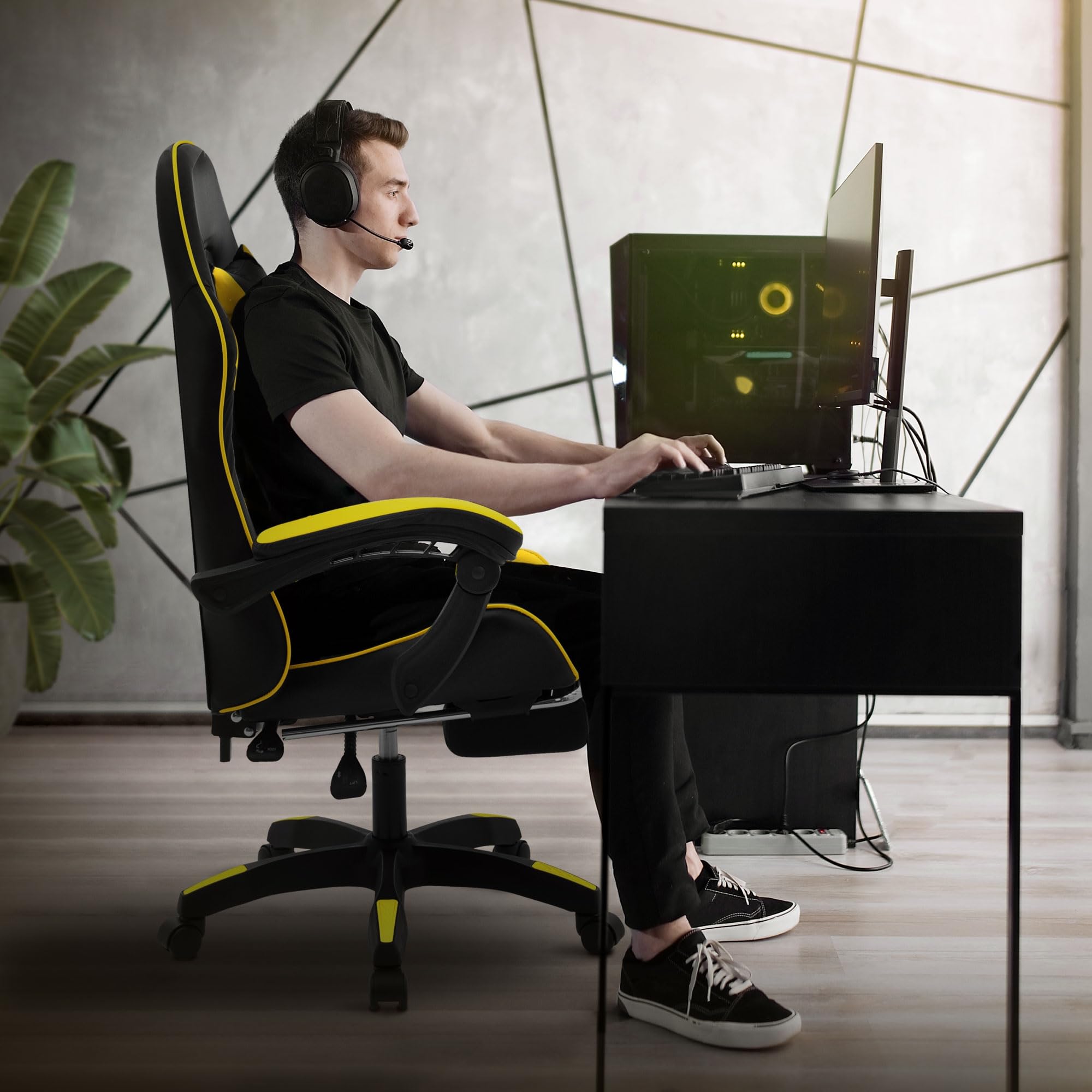 ML-Design Sedia da Gaming Ergonomica in Similpelle Giallo, Poggiapiedi, Braccioli, Poggiatesta, Cuscino Lombare, Stile Racing, Poltrona da Gioco Girevole e Regolabile, Ideale per Scrivania o Ufficio