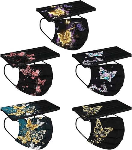 Paquete de 50 mascarillas desechables negras con diseños para mujer, 3 capas de flores, mariposas, desechables para adultos