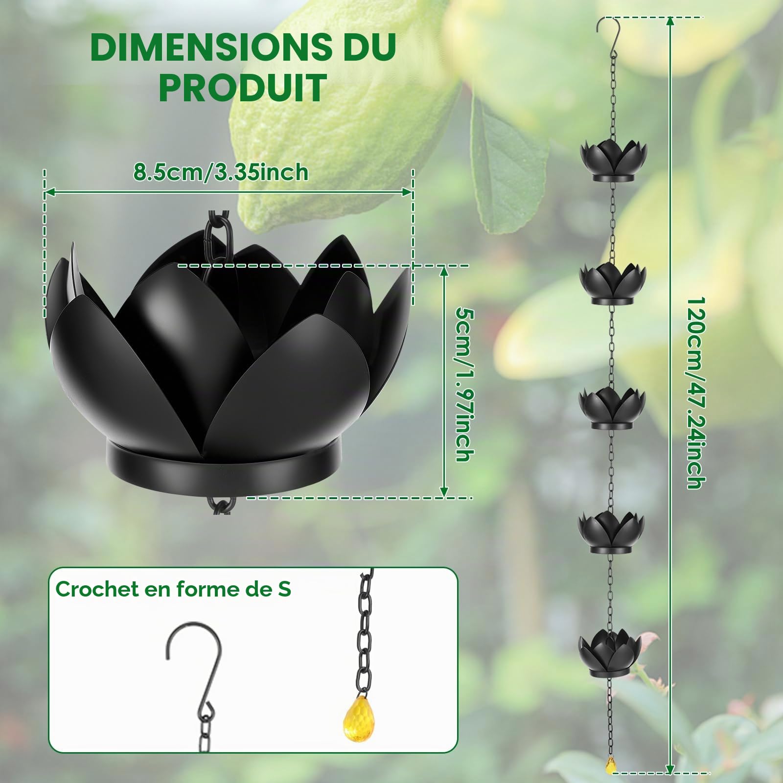 Chaîne de pluie, chaîne de gouttière chaîne d'évacuation de pluie avec crochets en S, chaîne de pluie chaîne d'évacuation, longueur réglable, chaîne de pluie avec imitation de nénuphars, pour
