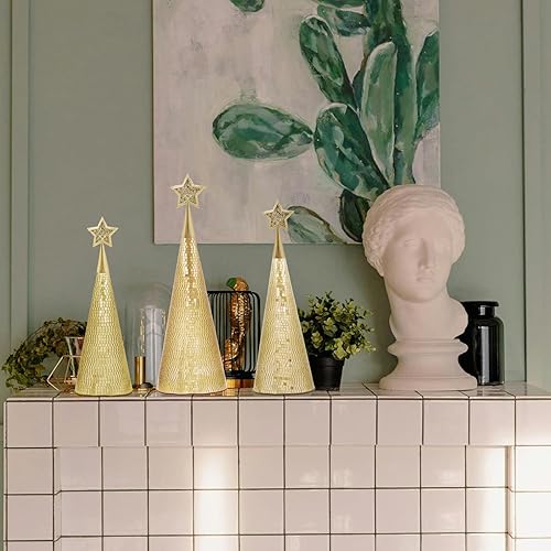 Miniatura 4 de Juego de 3 árboles de Navidad de cristal dorado, 17, 15, 13 pulgadas, pequeño árbol de Navidad hecho a mano, decoración de discoteca para decoración