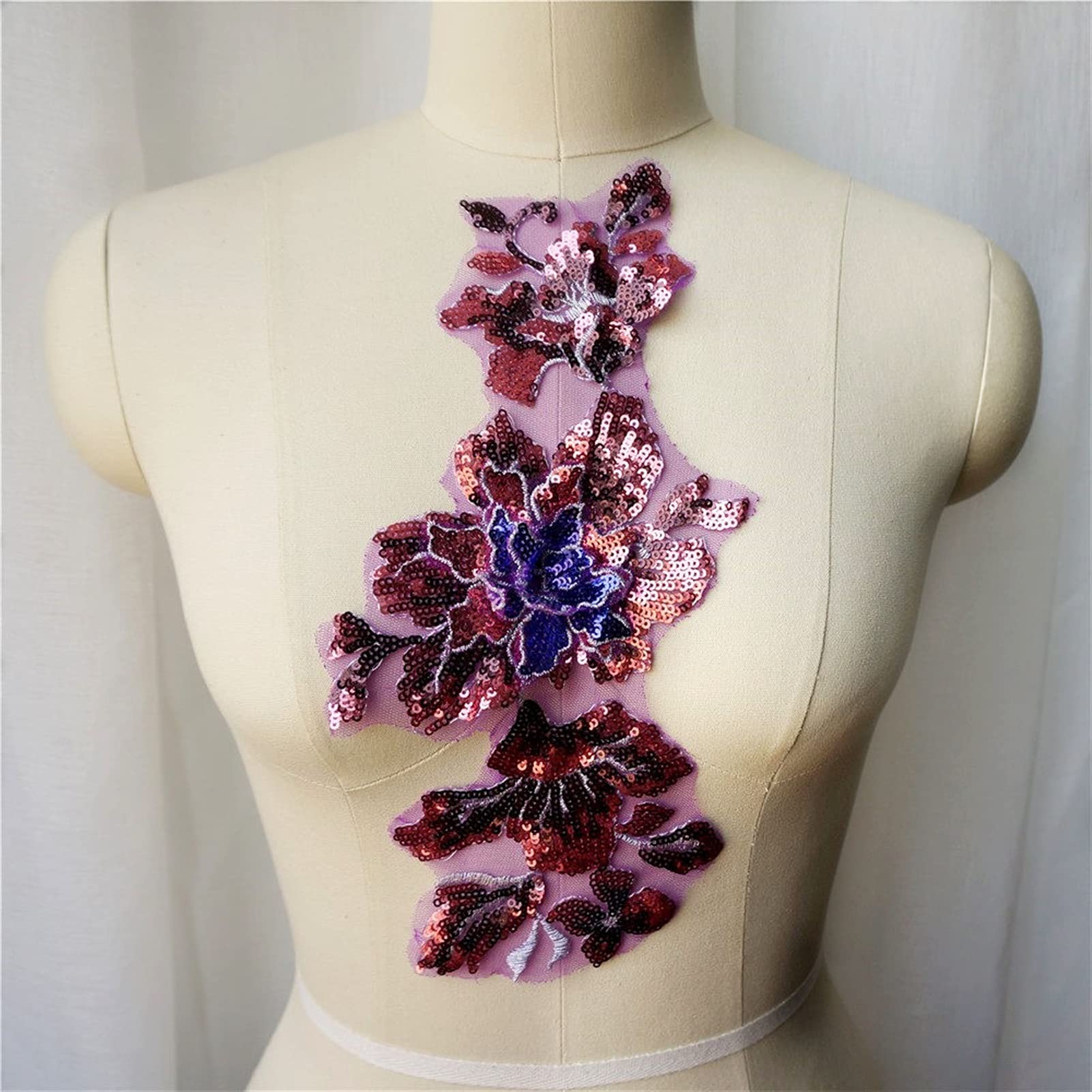 Bodice Embroidery Sequin Lace Applique, Gold White Red Blue Sequin Flower Lace Fabric Collar Embroidered Gown Appliques Mesh Sew Patch for Wedding Decoration Dress(Purple)