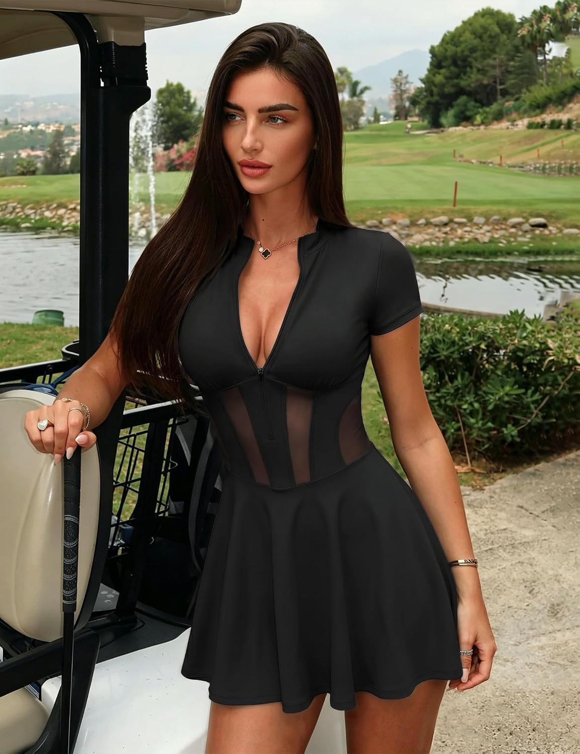 SAUNGKUAI Women's Short Sleeve Corset Dresses Built in Shorts & Bra Sheer Tennis Dress High Neck Golf Athletic Summer Oufits