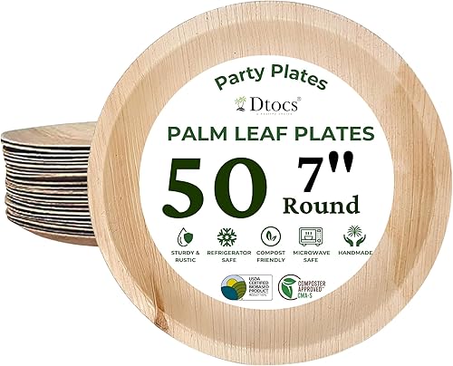 Dtocs Platos de hoja de palma redondos de 7 pulgadas (50) | Platos de bambú desechables de aspecto compostable para cóctel, aperitivo, postre, mini