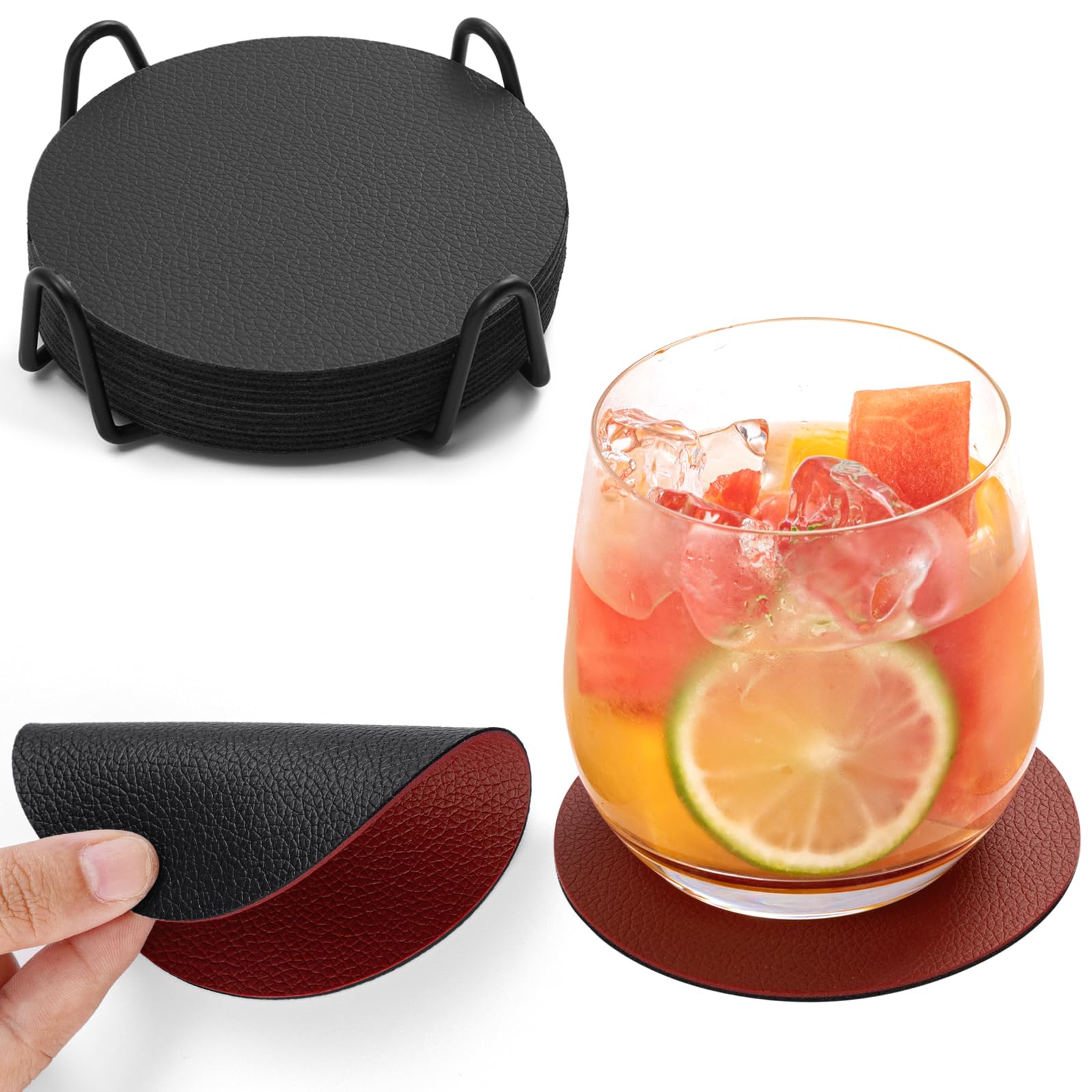 Chitomars Coasters,Leather Coasters Set of 12 for Drinks Outdoor Coasters with Holder Mug Coaster Non Slip Anti-Heat Cup Mats for Coffee Beer Mug Wine Glass Bottle Home and Bar (Round