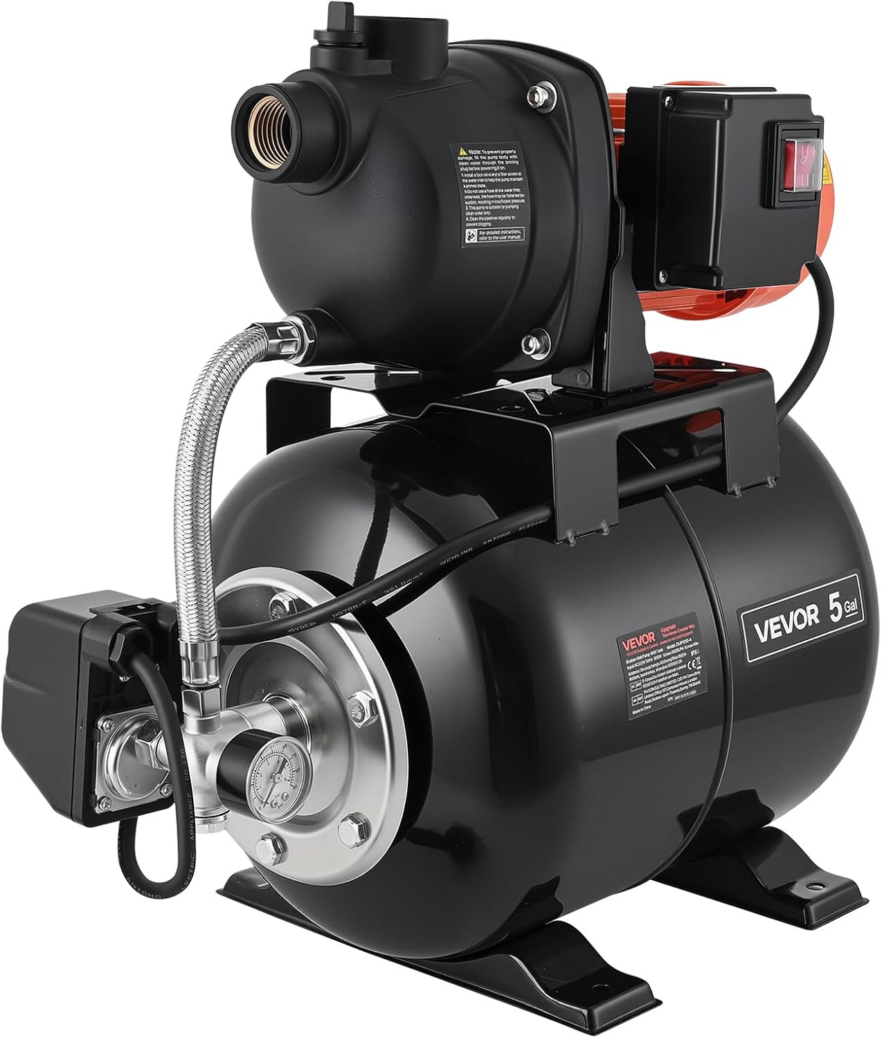 VEVOR 1.1 HP Shallow Well Pump with Pressure Tank, 120V 1320 GPH, Plastic Irrigation Jet Pump with 5-Gal Tank, Automatic Water Booster Transfer System, 20/40 PSI Pressure Switch, for Home Garden Lawn