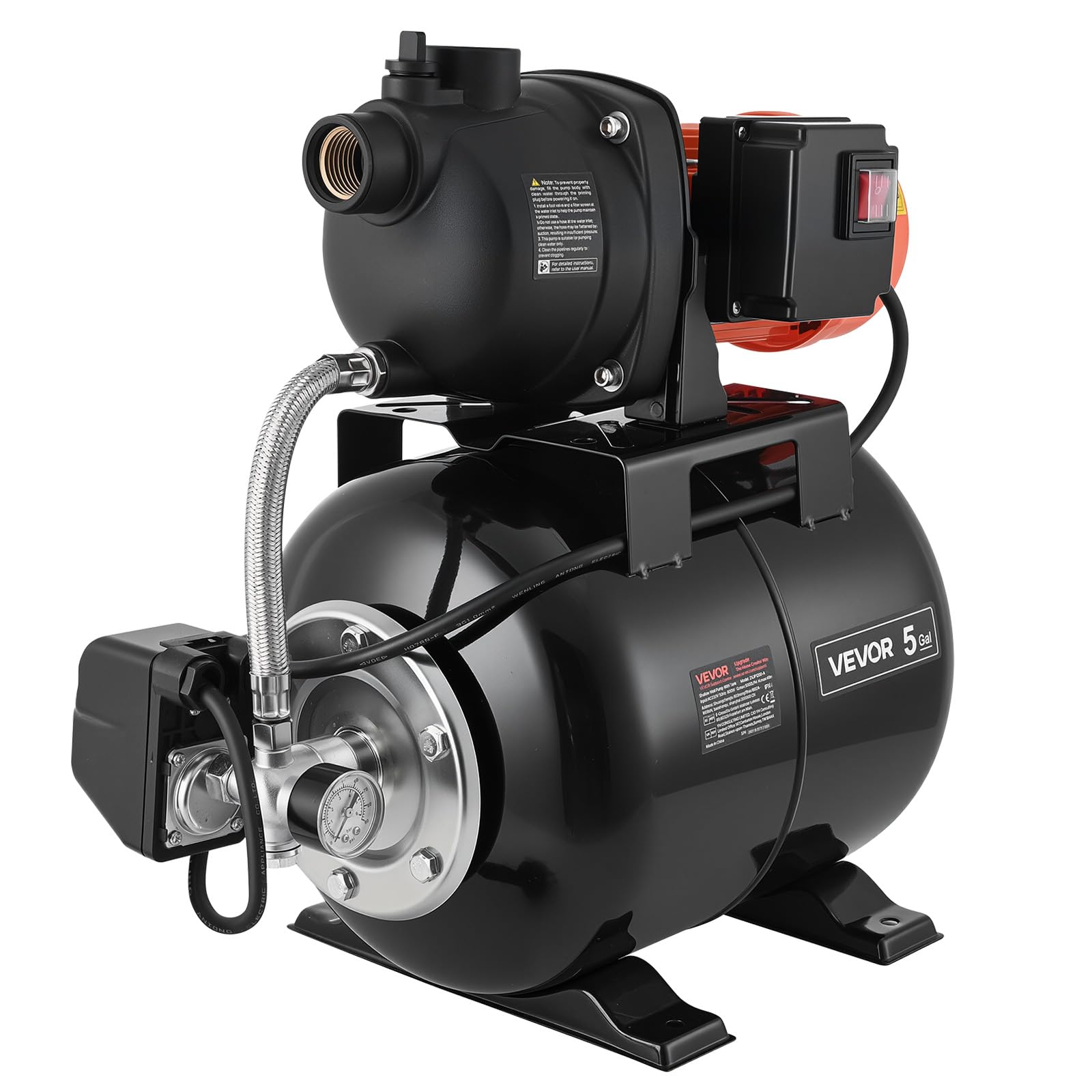 VEVOR Pompa per Pozzi Senza Filtro 800 W, Pompa per Pozzi Poco Profondi con Serbatoio a Pressione 19 Litri Irrigazione da Giardino Testa in Plastica Flusso max 5000 L/h, Protezione da Sovraccarico