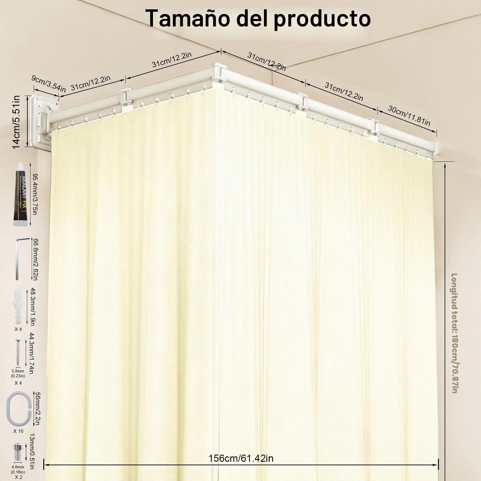 Blanco Barra de Cortina de Ducha Plegable con Cortina de Ducha | Barra Cortina Ducha, Dos Métodos de Instalación, con Accesorios de Instalación, para Hogares, Hoteles y Gimnasios