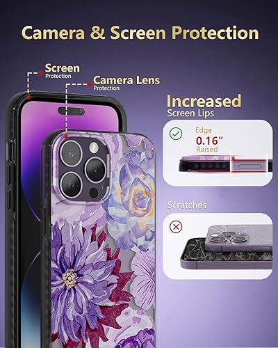 Miniatura 4 de SCORPIFY Funda para iPhone 14 Pro Max con diseño floral de zinnia morado, bonita funda transparente para mujeres y niñas, protección contra caídas