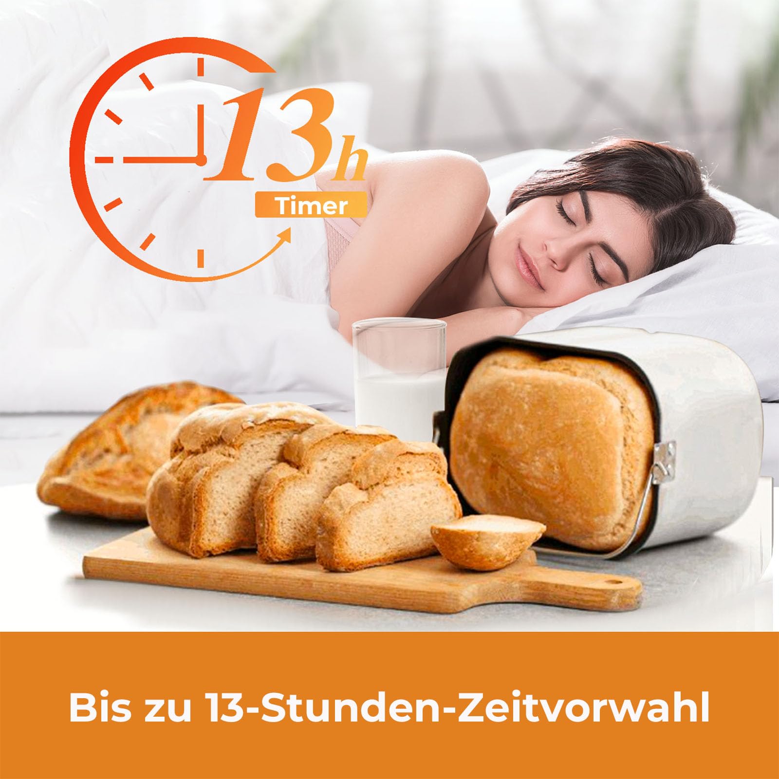 Kitchen in the box Brotbackautomat mit 12-in-1 Programmen, 2 Brotgrößen, 900g, Brotbackmaschine mit 13h Timer, Zutatenspender & Antihaft-Backform, Weiß