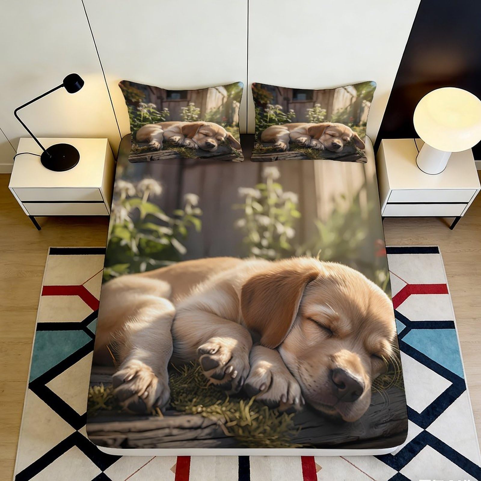 3D Printed Sleeping Puppy Fitted Sheet Microfiber Soft Anti-Slip Dog Bed Cover for Bedroom Guest Room Decor 90x200x25cm