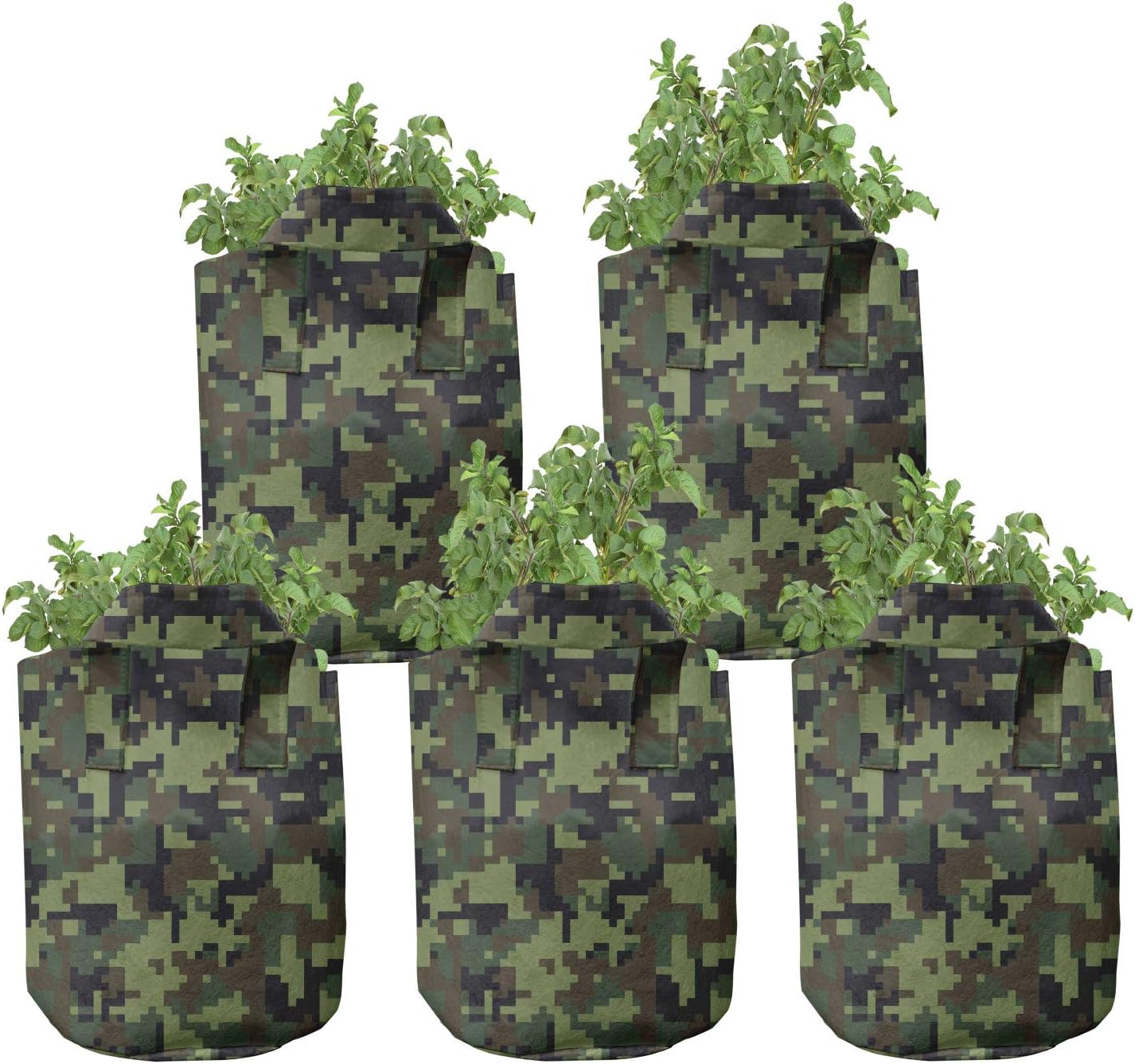 Lunarable Camouflage Grow Bags 5-Pack, Pixel Woodland Camo Art, Heavyduty Fabric Pots with Handles for Plants, Green Cocoa