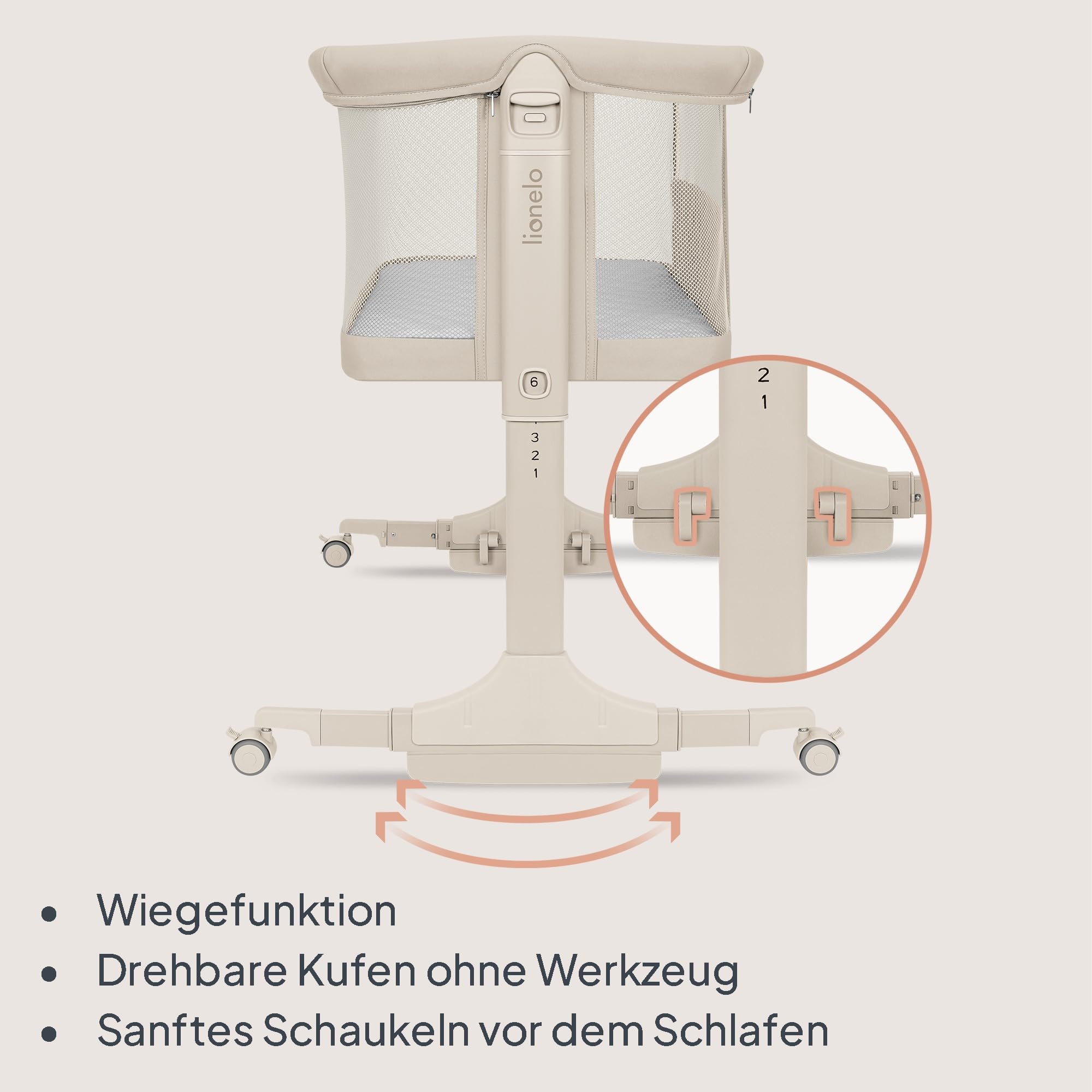Lionelo Pari Beistellbett 3in1, 6-Fach höhenverstellbar mit Neigungsverstellung für Boxspringbett, als Wiege & Babybett, Netzseiten, Rollen mit Bremse, Matratze, Gurte, Transporttasche, 84 x 48 cm - 5
