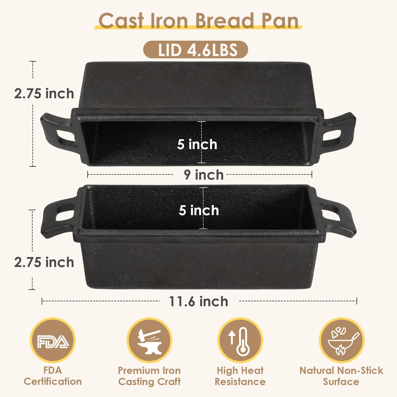 Kastenform aus Gusseisen mit Deckel, Brotbackformen für selbstgemachtes Brot, Kastenform zum Brotbacken, 2-teiliges Set